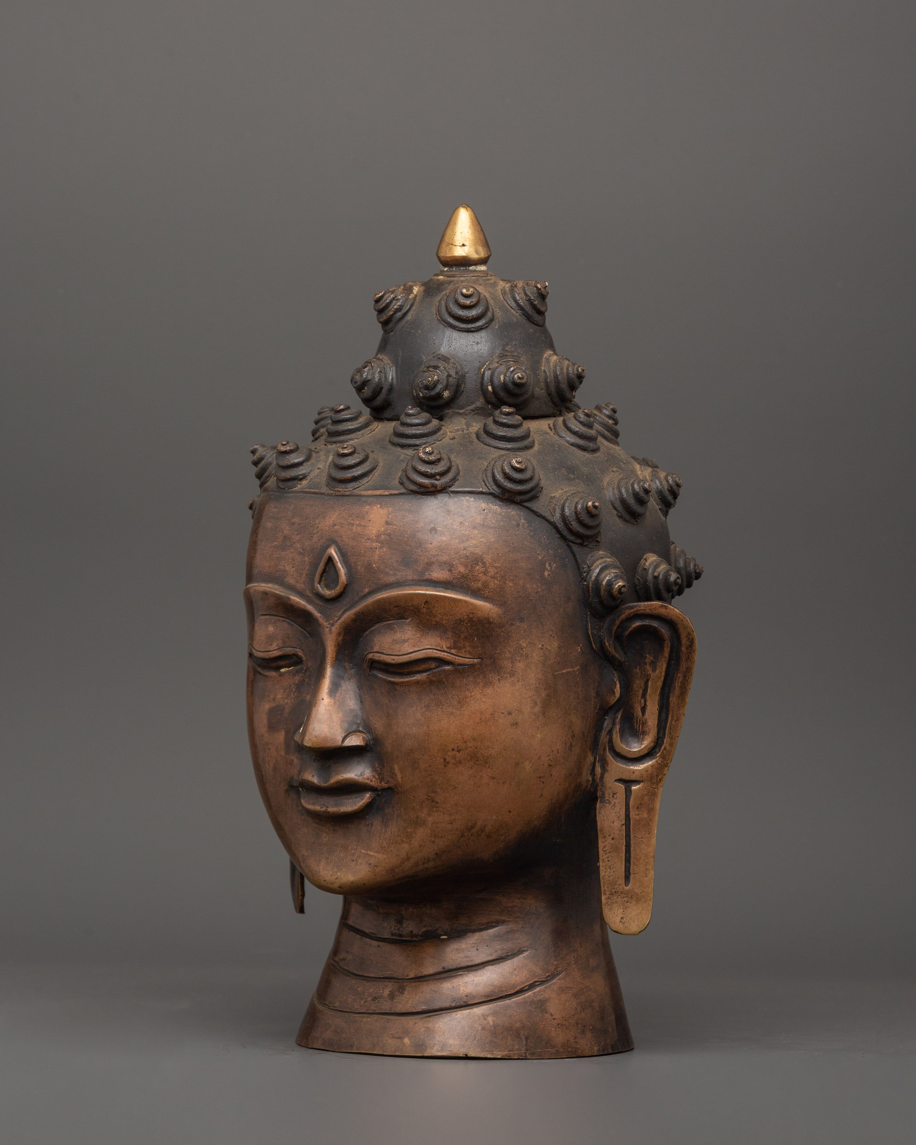Sacred Buddha Head Sculpture | Handcrafted Oxidized Copper Buddha Head