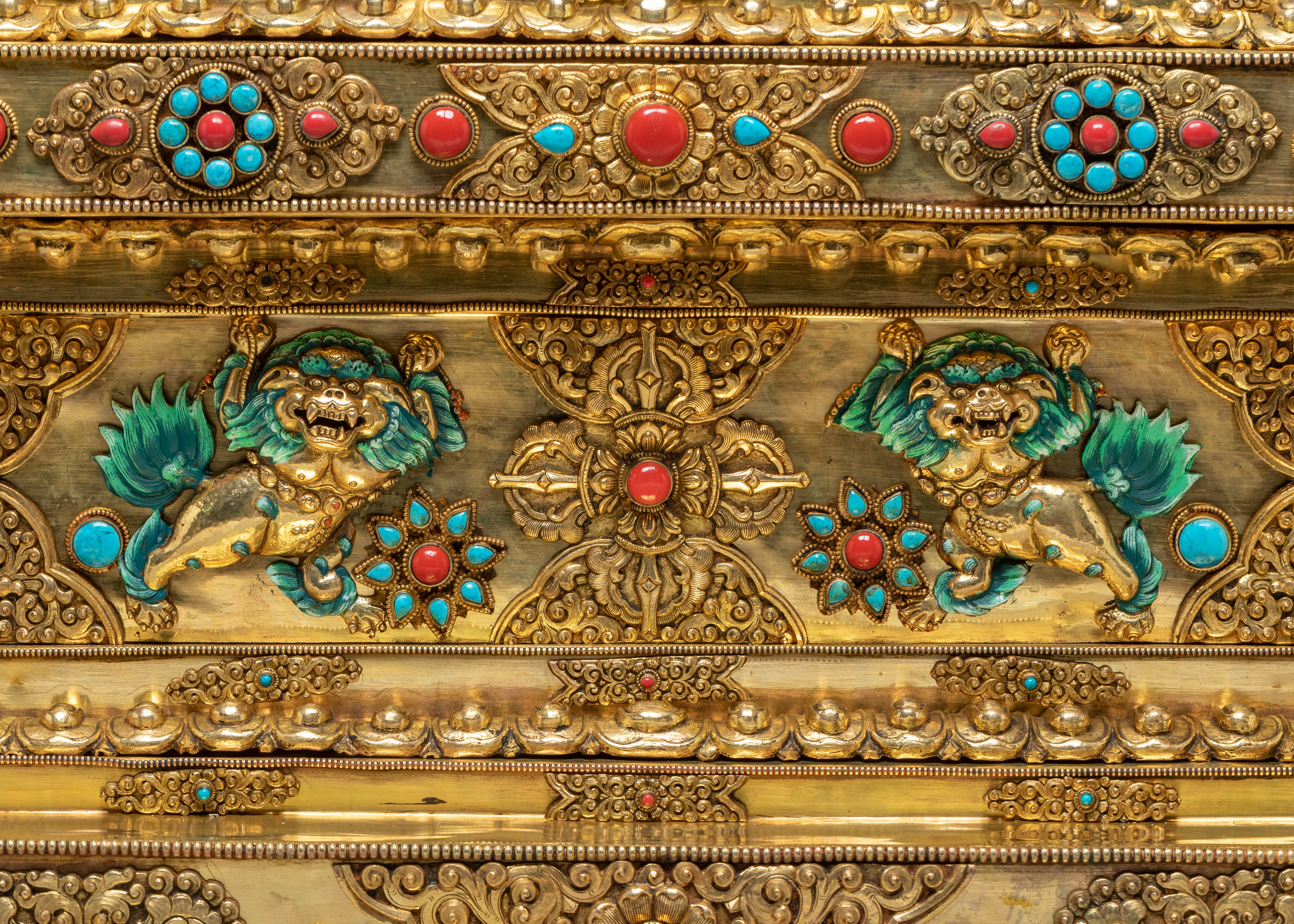 Buddhist Handcrafted Sacred Stupa | Gold-Plated Copper with Coral & Turquoise