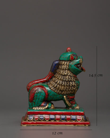 Tibetan Lion Set Brass Guardian Statues | Inlaid with Coral & Turquoise