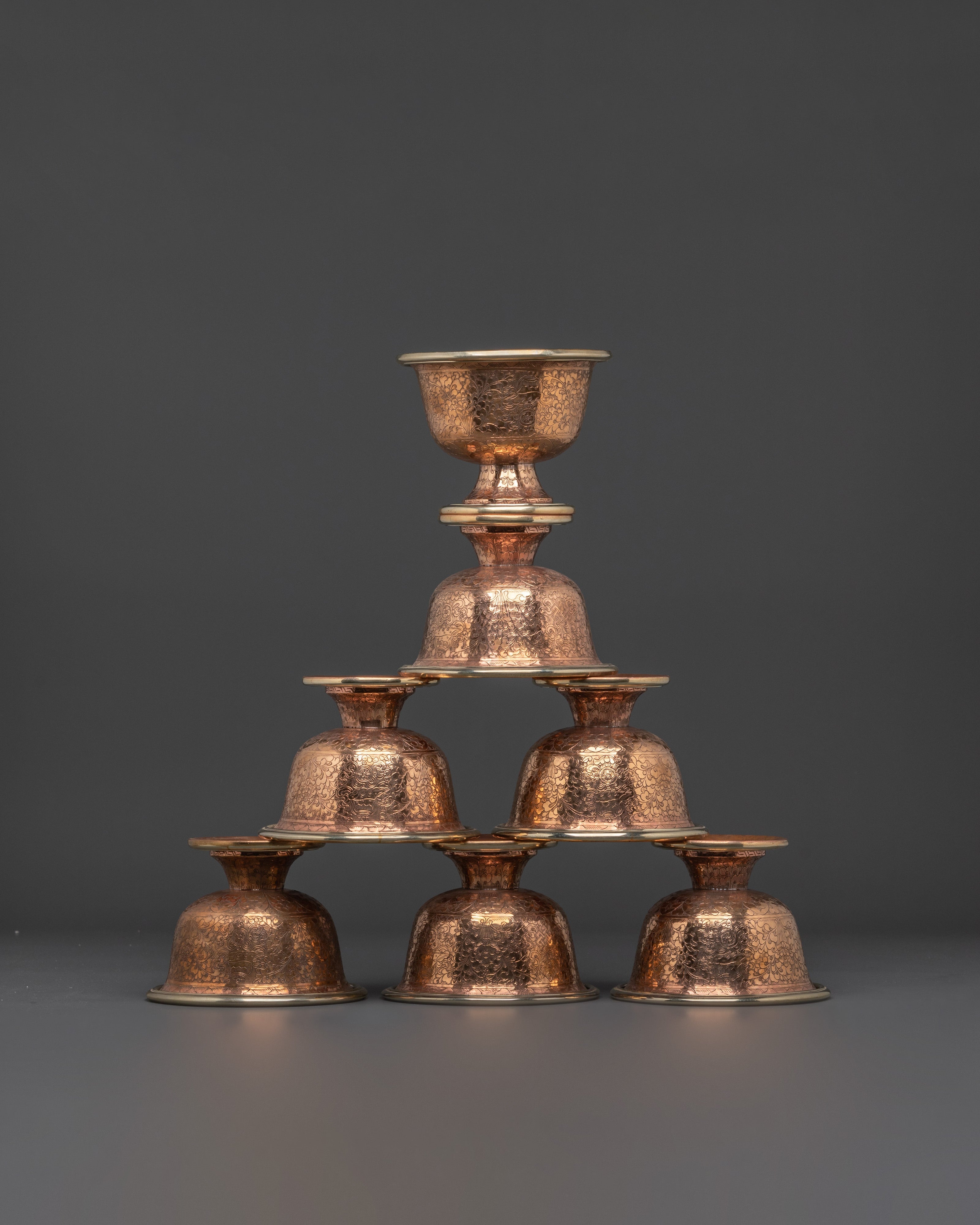 Handcrafted Copper Offering Bowls Set | Ritual Tools for Buddhist Altar