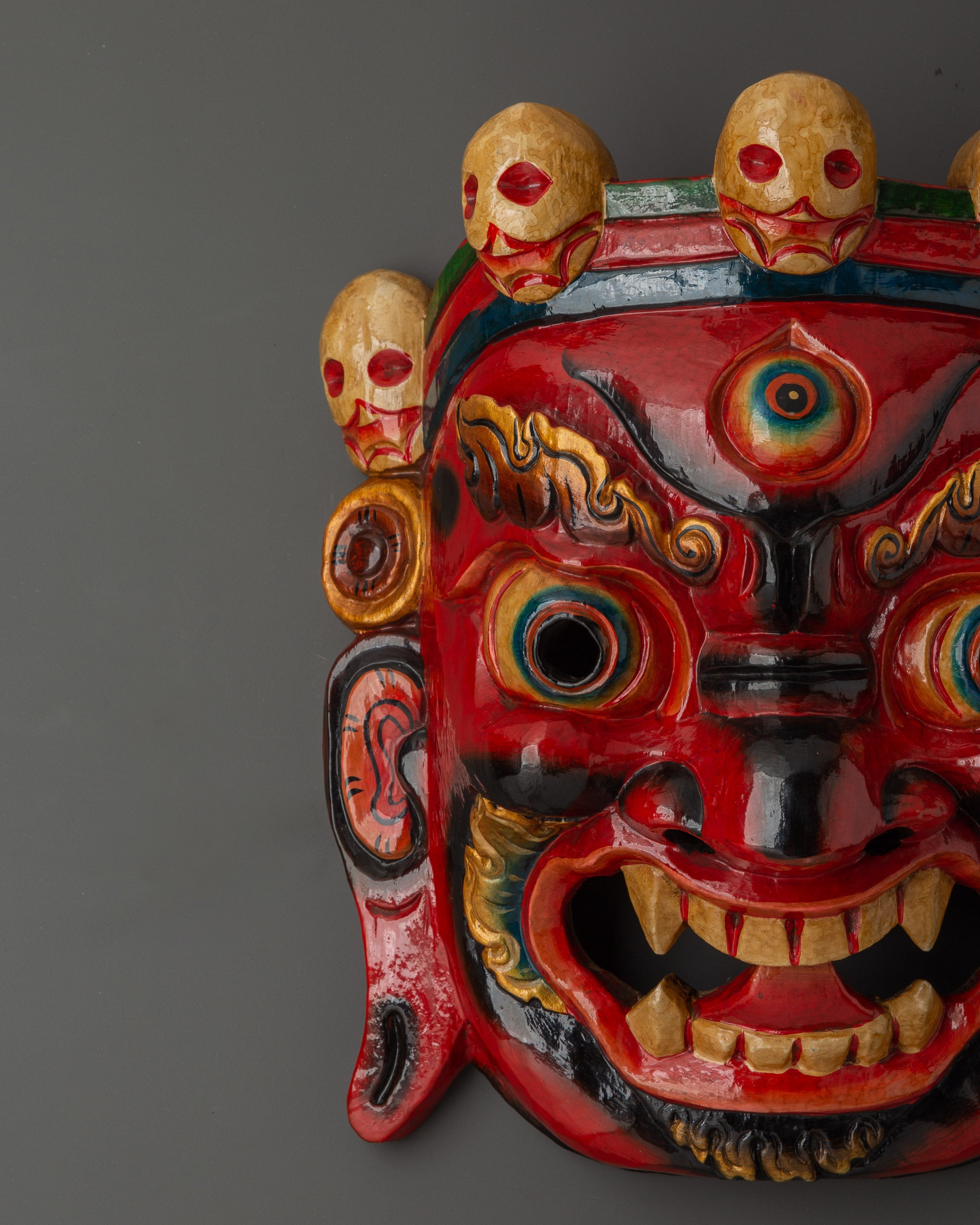 Fierce Mahakala Wall Mask in Bold Painted Wood | Tibetan Guardian Deity