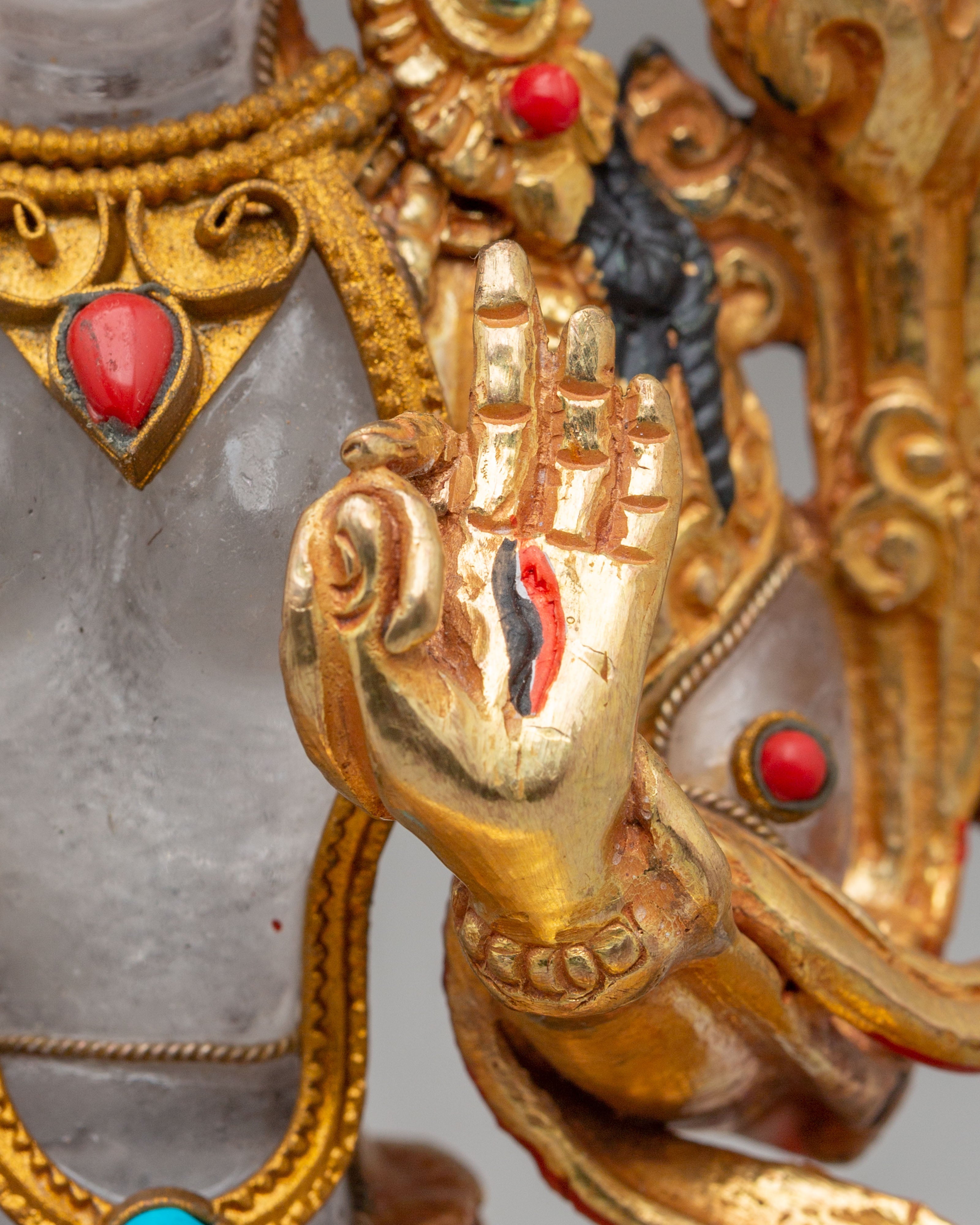 White Tara Spiritual Sculpture | Copper Buddhist Statue with Gemstone Details