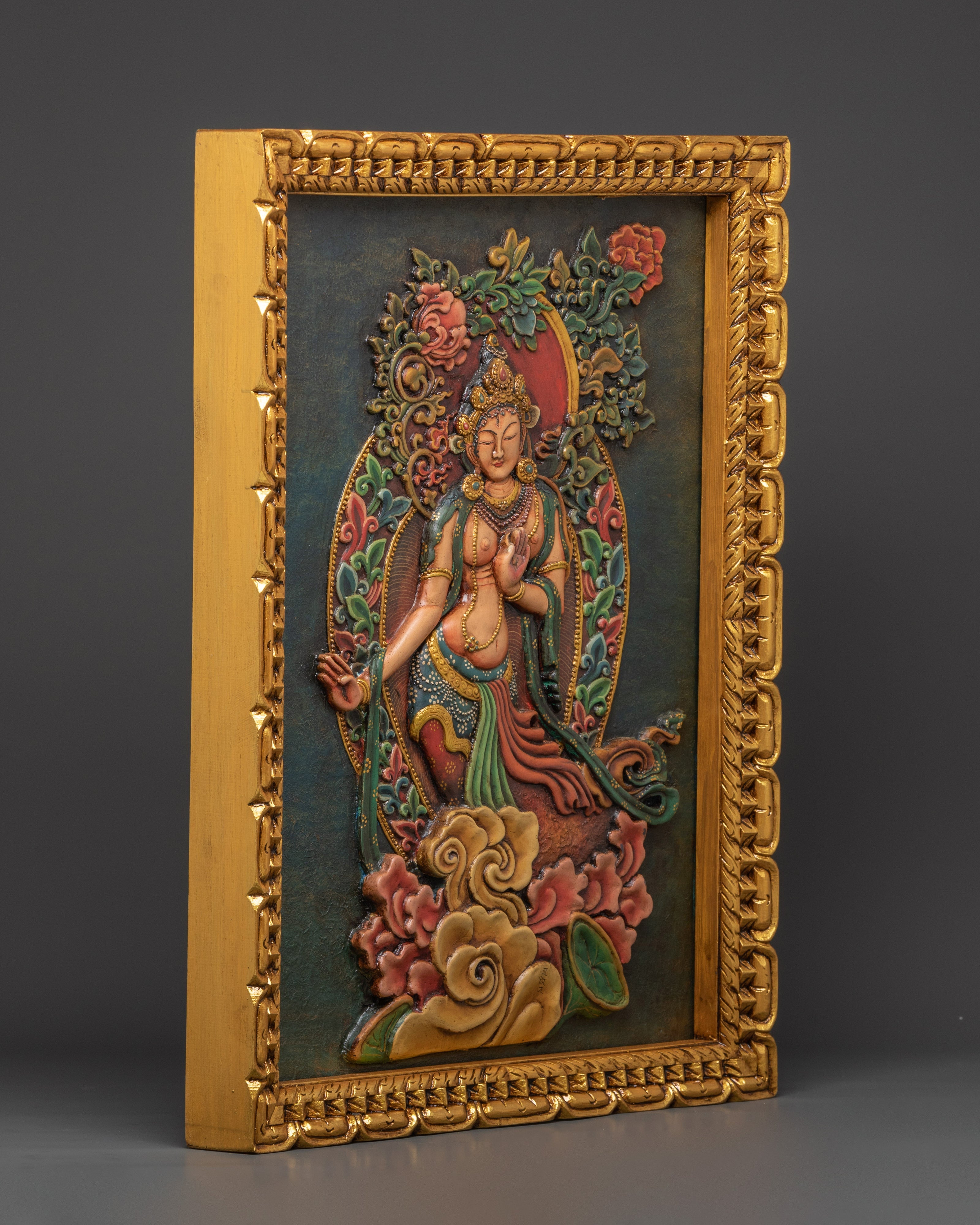 Tara Goddess Wall Hanging Relief Art | Handcrafted Tibetan Wooden Frame Decor