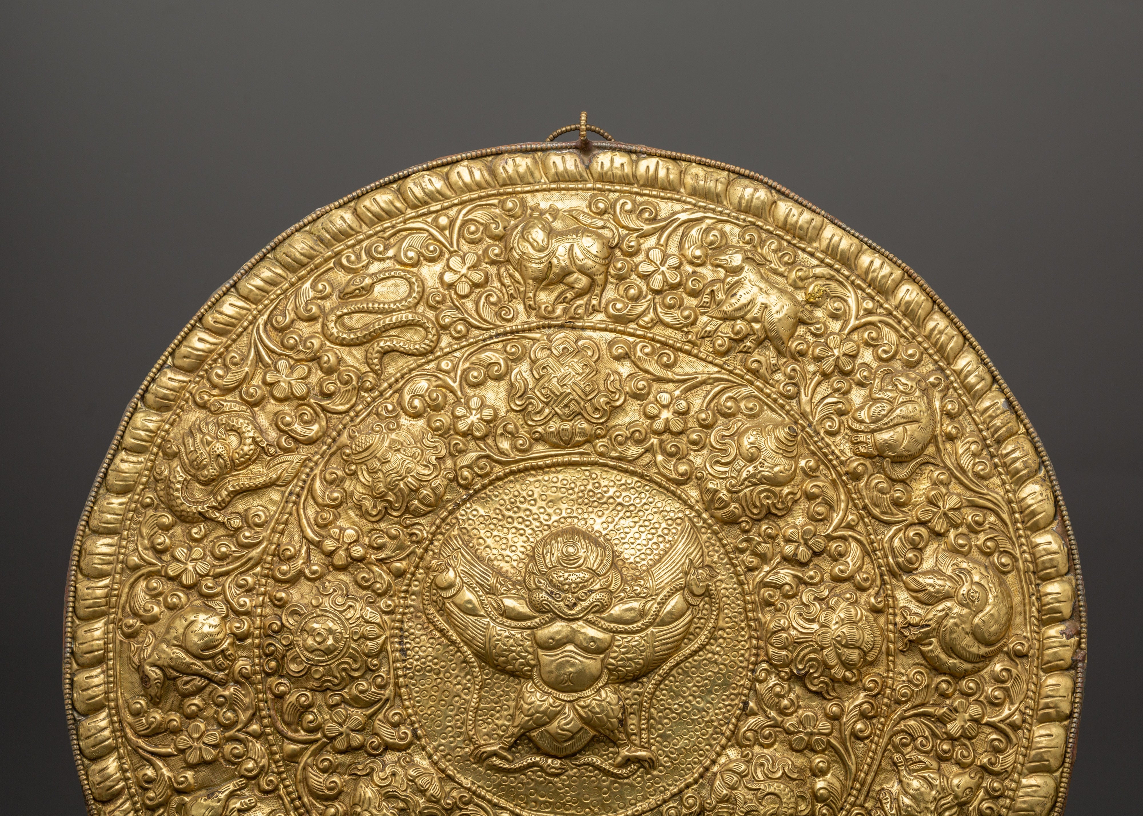Metal Thangka with Garuda and Sacred Symbols | Sacred Wall Hanging