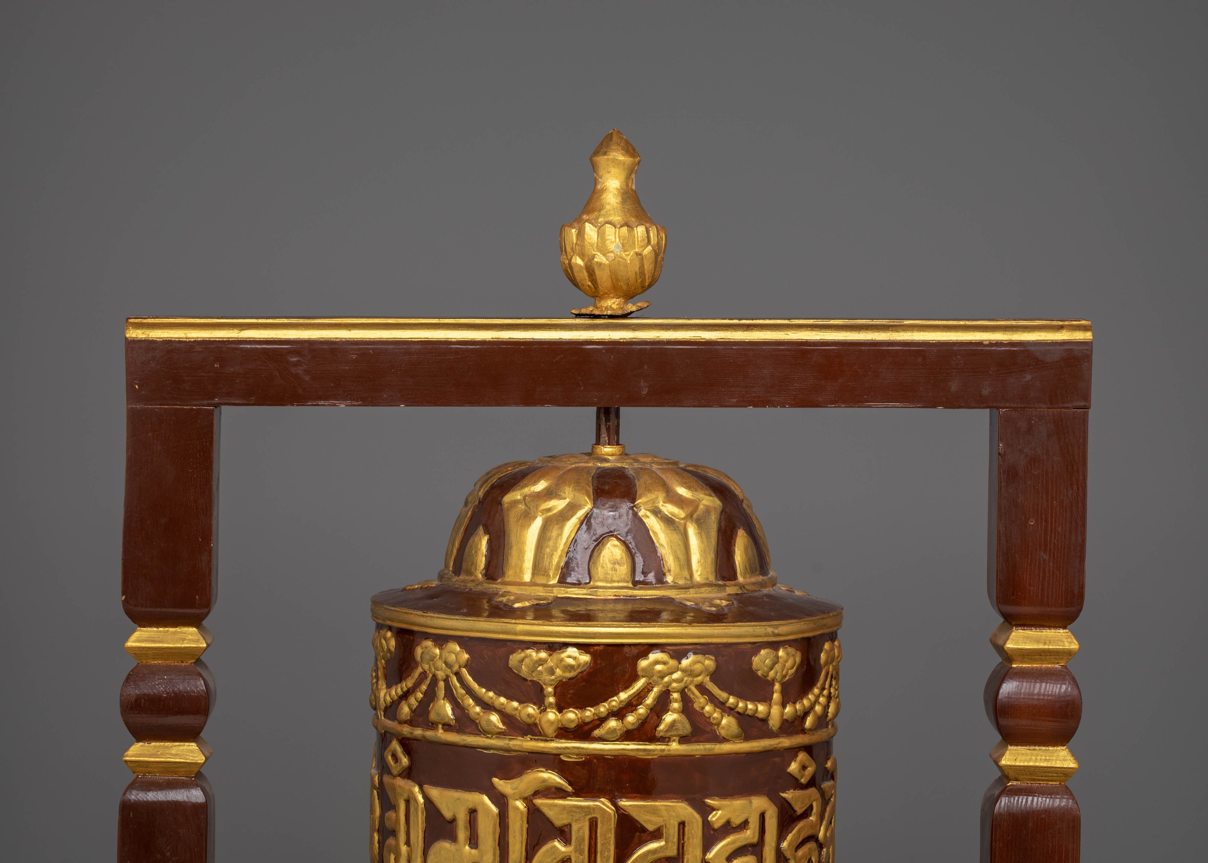 Prayer Wheel: Traditional Ritual Item | Copper Body with Acrylic Colors and Wood Base