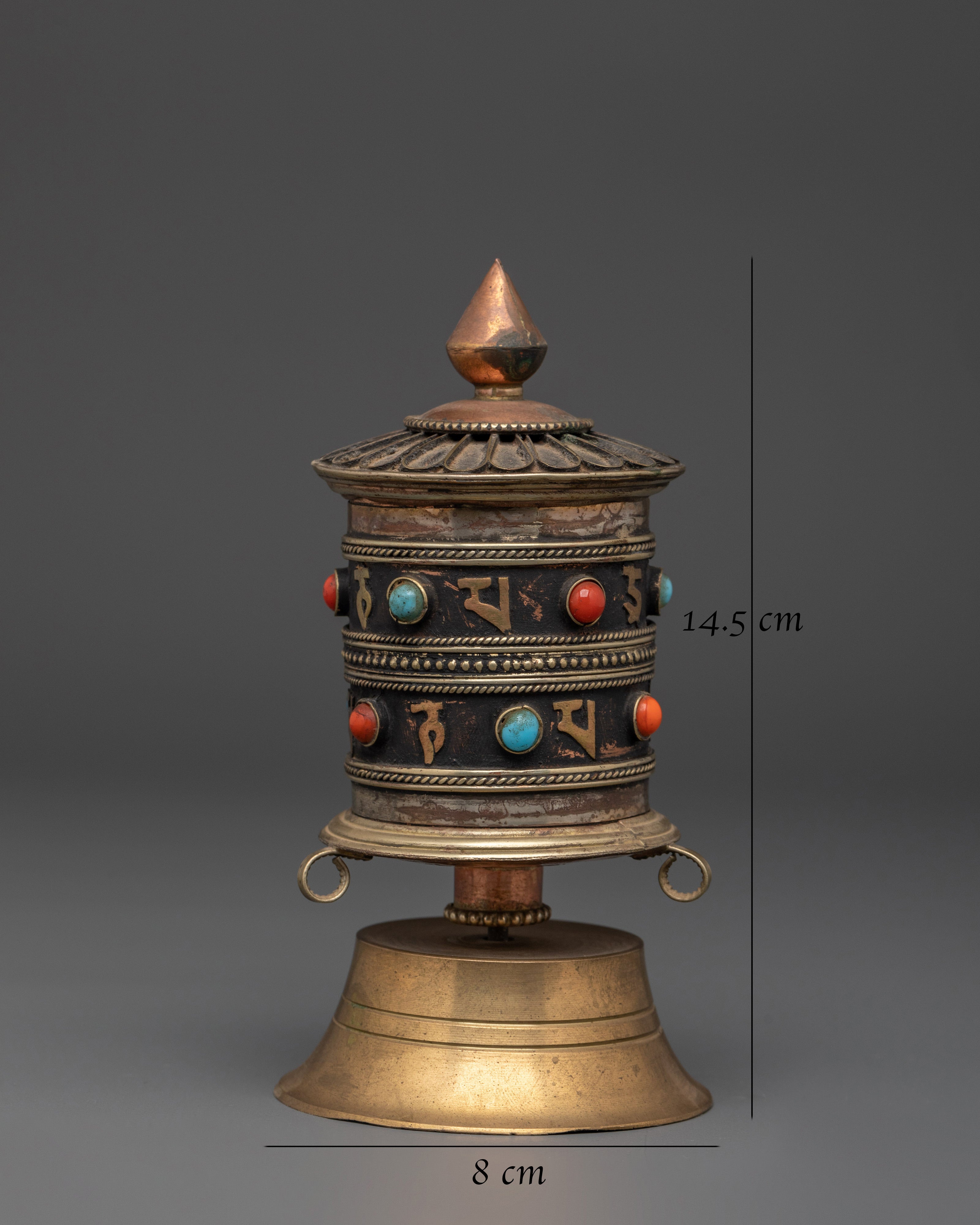 Sacred Prayer Wheel with Gemstones | Brass Turquoise Buddhist Wheel