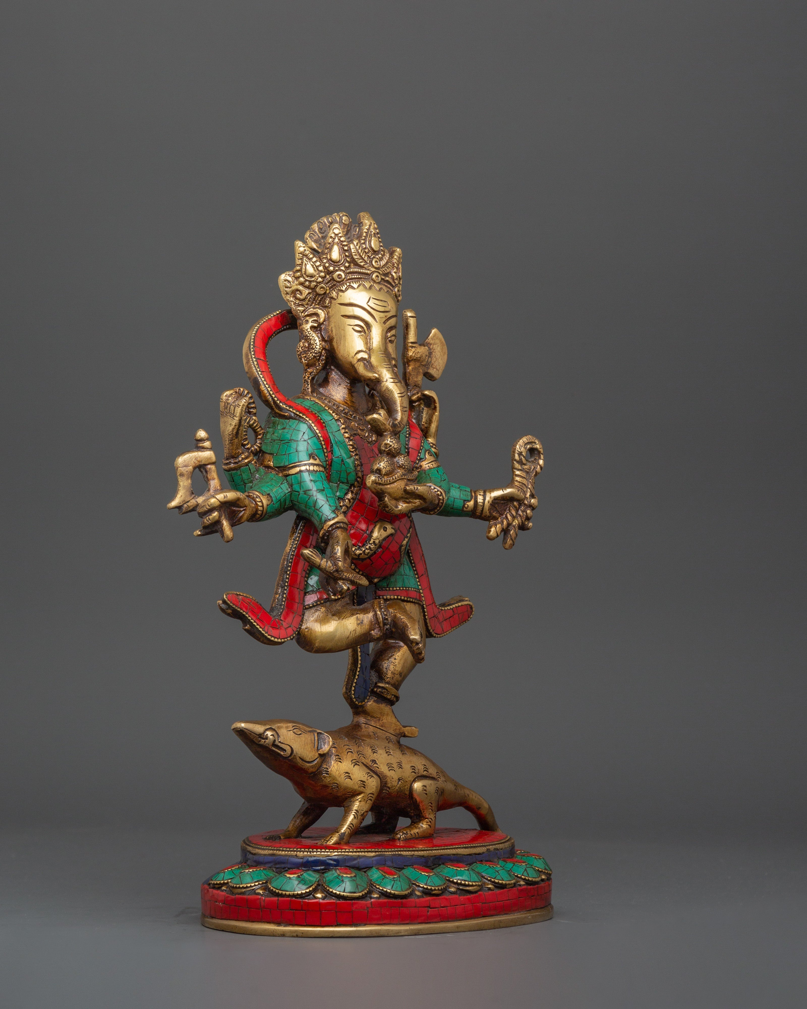 Lord Ganesh In Dance Posture Statue | Brass Ganesh Statue with Turquoise & Coral