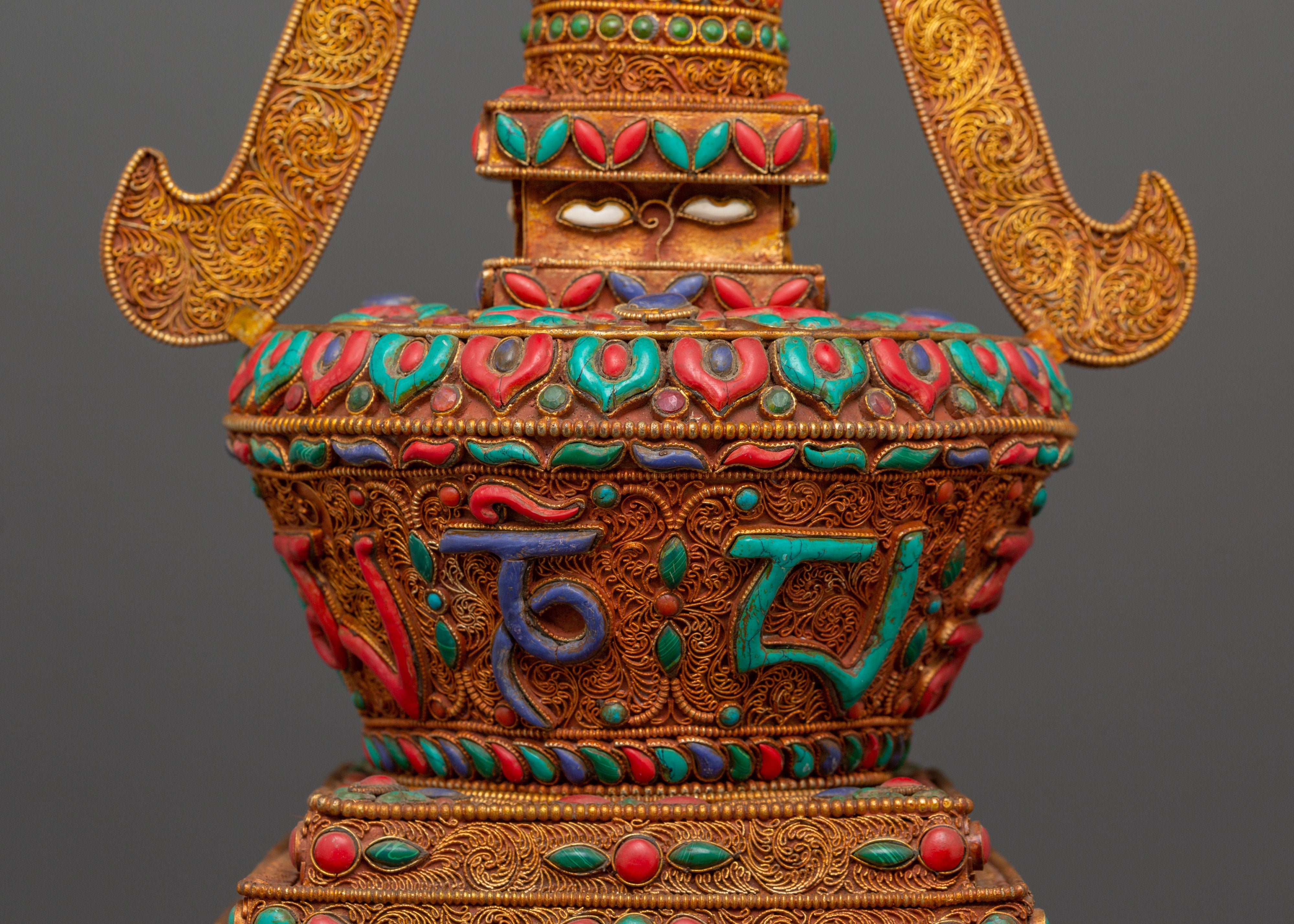 Copper Buddhist Chorten with Turquoise and  Coral | Spiritual Symbol of Peace