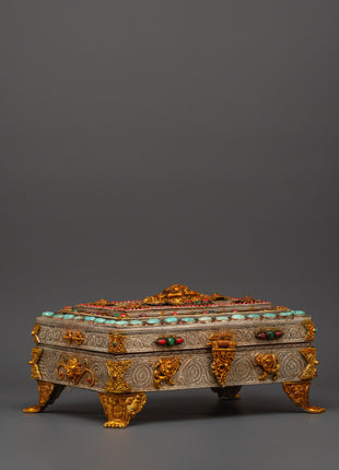 Buddhist Ritual Treasure Box | Silver & Gold Plated Sacred Altar Box