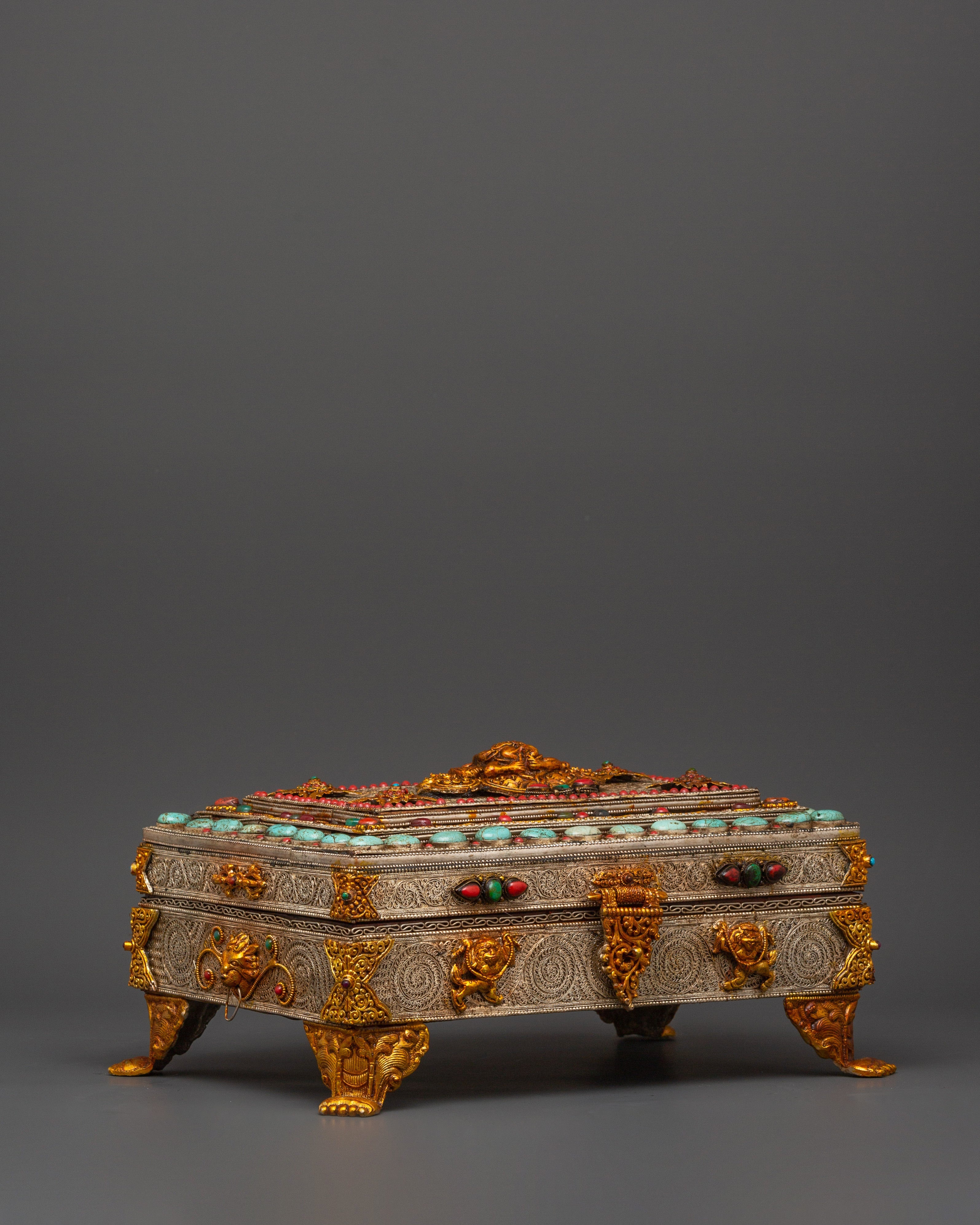 Buddhist Ritual Treasure Box | Silver & Gold Plated Sacred Altar Box