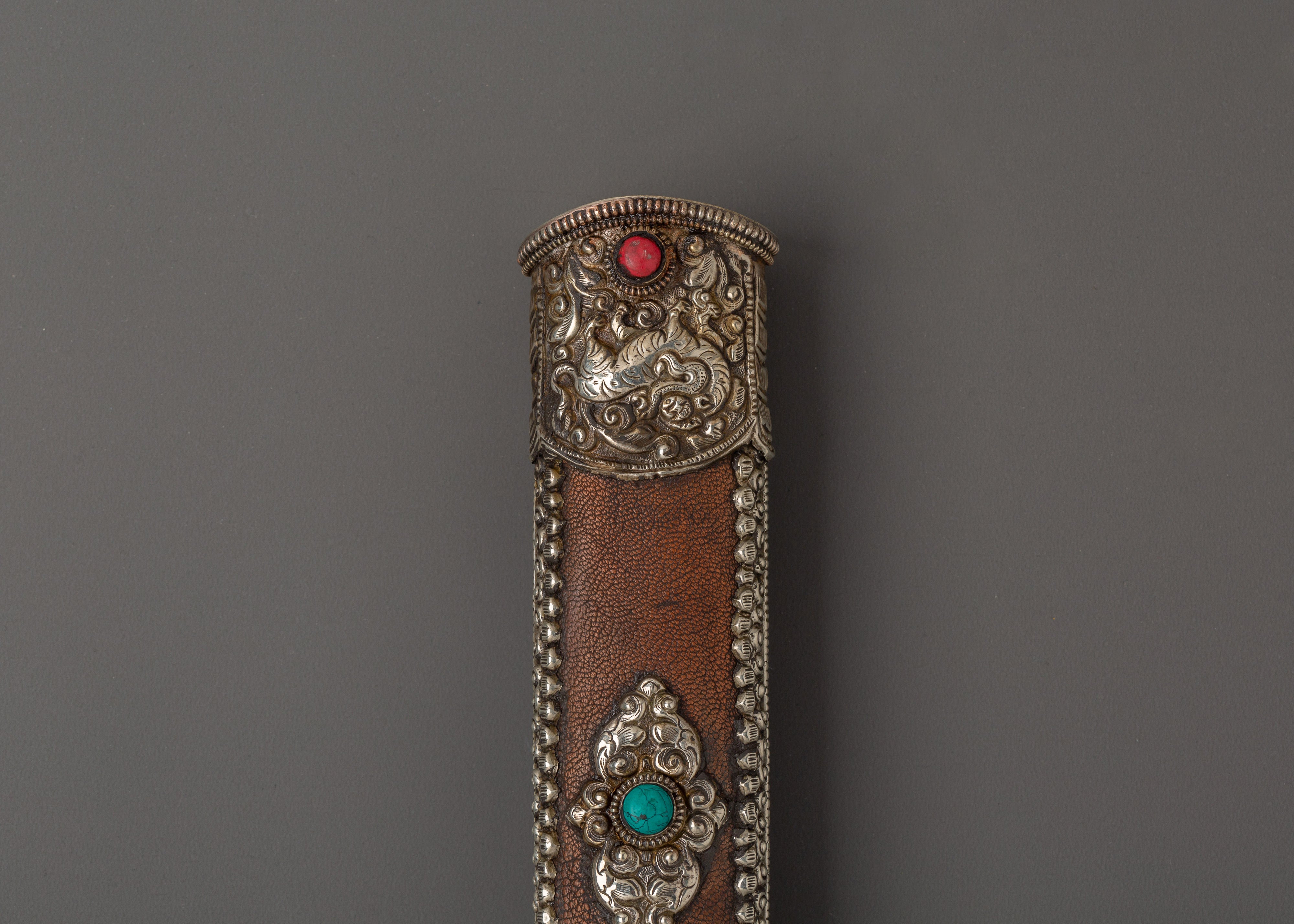 Tibetan Sword with White Metal | Ritual Item with Turquoise and Coral Gems