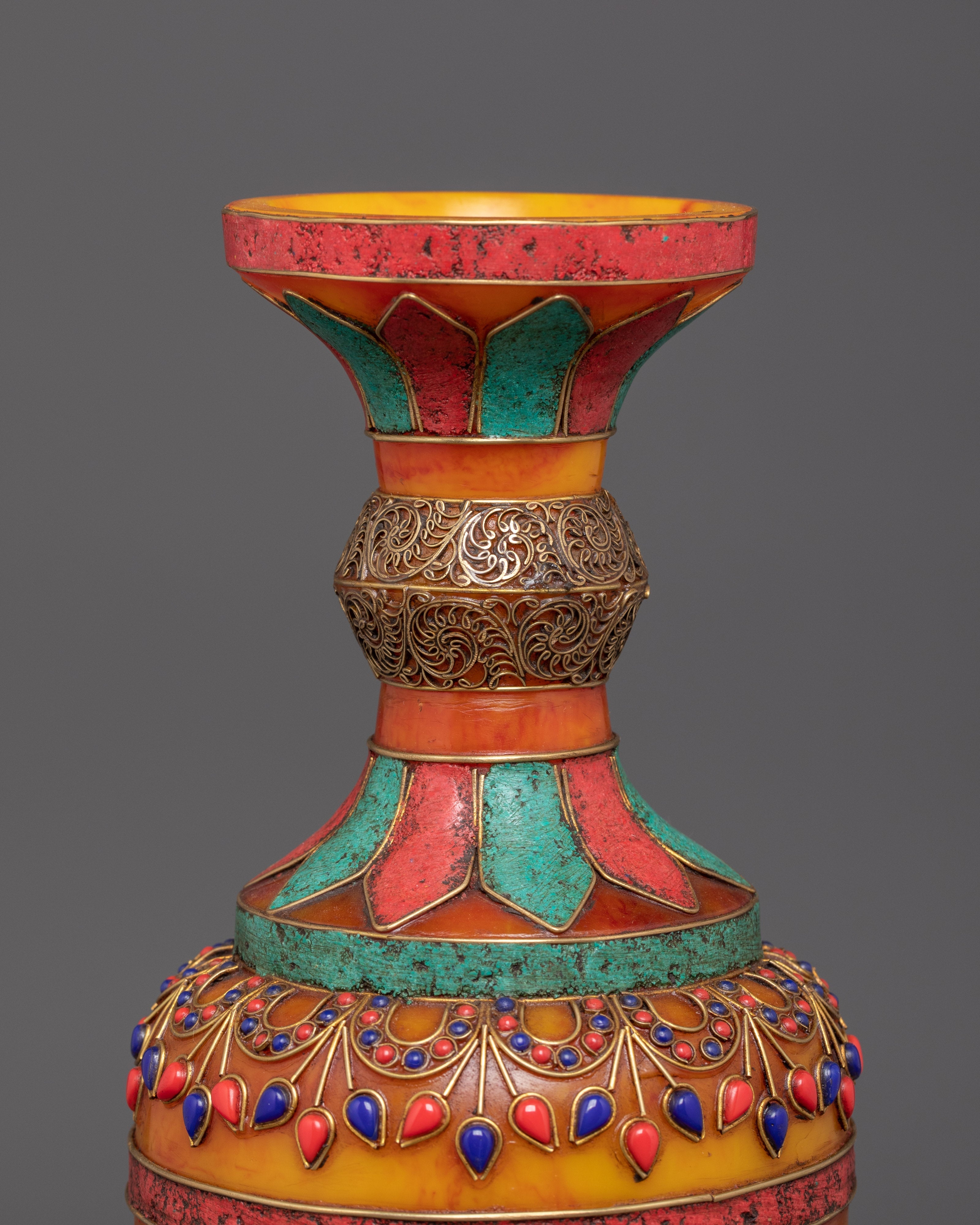 Buddhist Flower Vase Set for Decor | Coral, and Turquoise Stones
