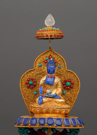 Shakyamuni Buddha on Crystal Elephant | Lapis & Coral Inlaid Gold Statue