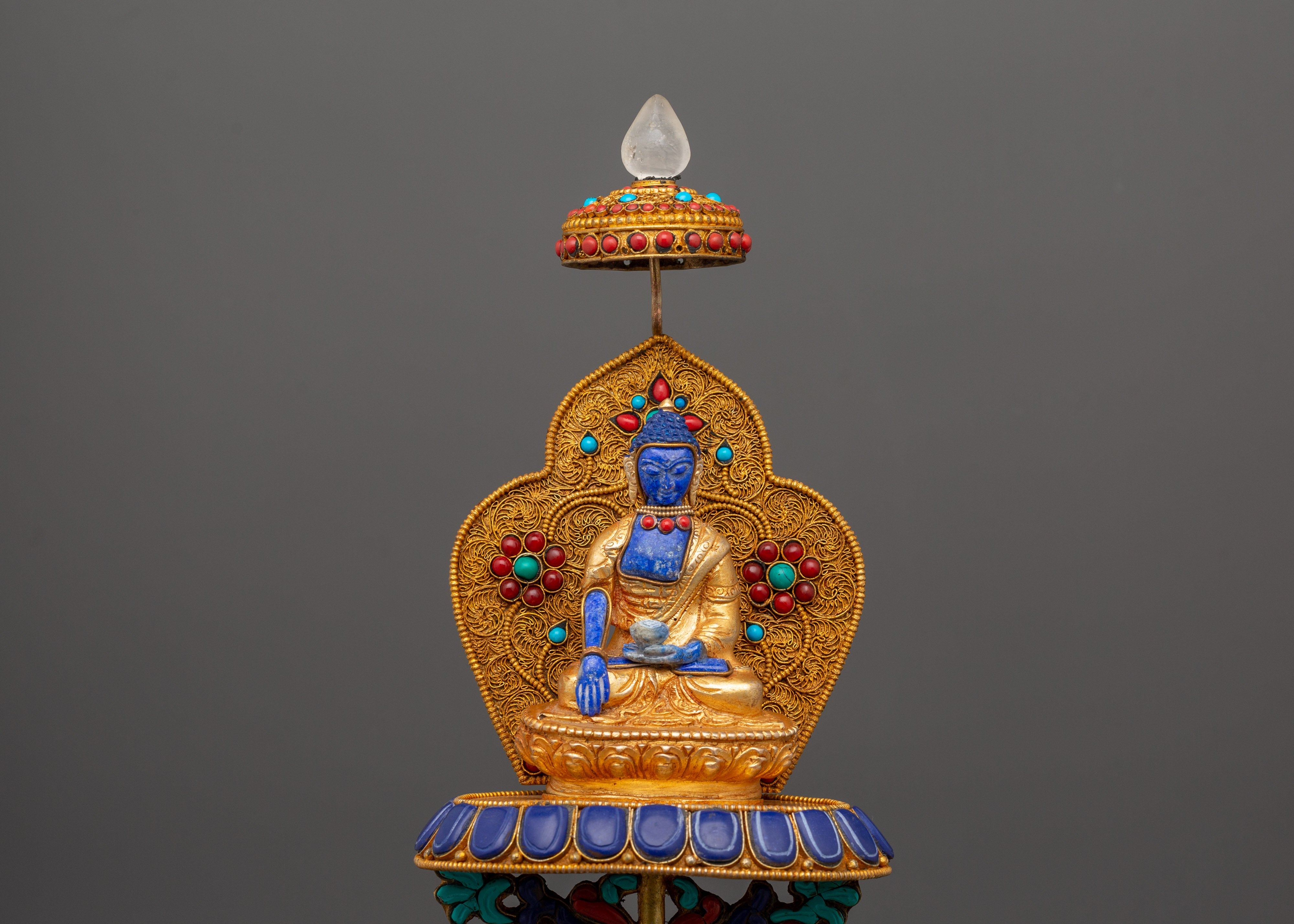 Shakyamuni Buddha on Crystal Elephant | Lapis & Coral Inlaid Gold Statue