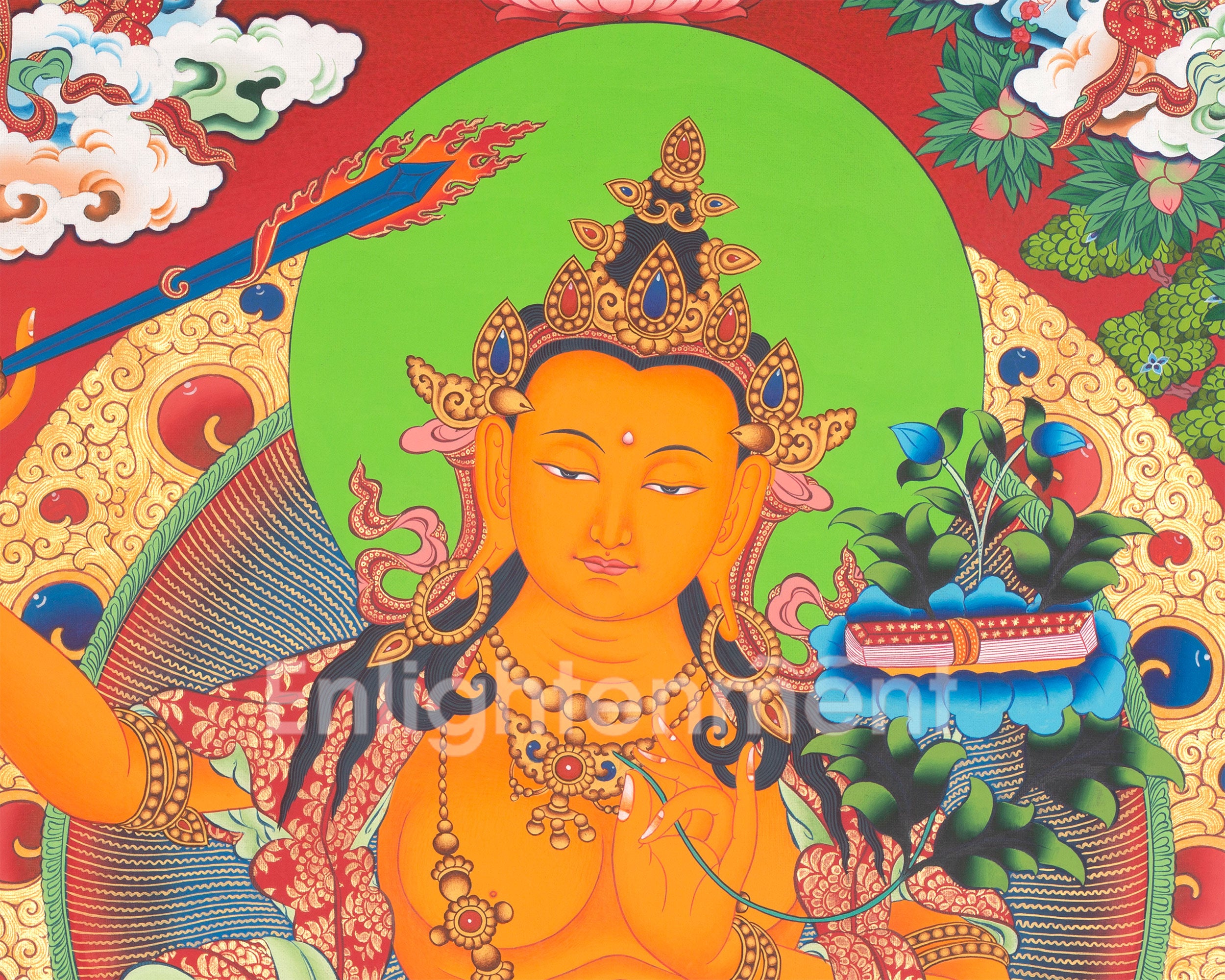 Sacred Manjushri Tibetan Thangka | Wisdom Deity on Vibrant Red Canvas