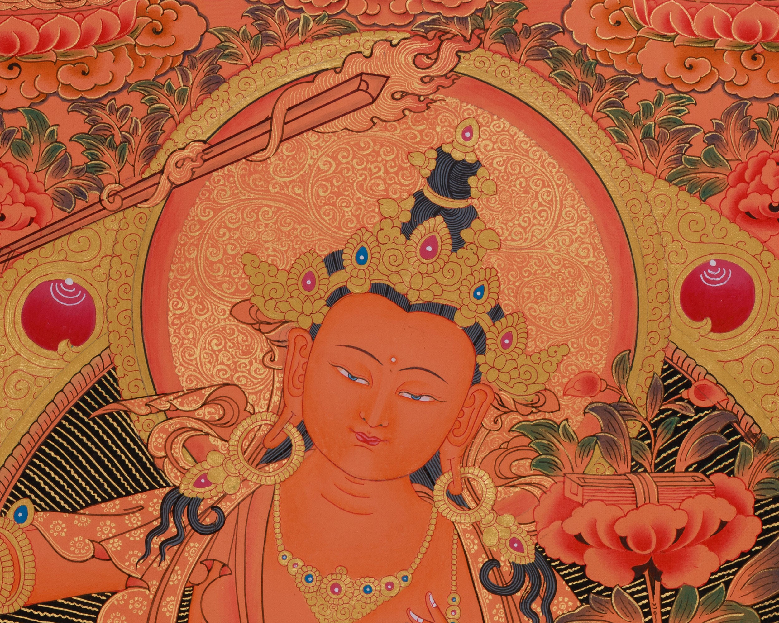 Manjushri with Five Buddhas & Bodhisattvas |  Sacred Thangka of Wisdom and Enlightened Energy