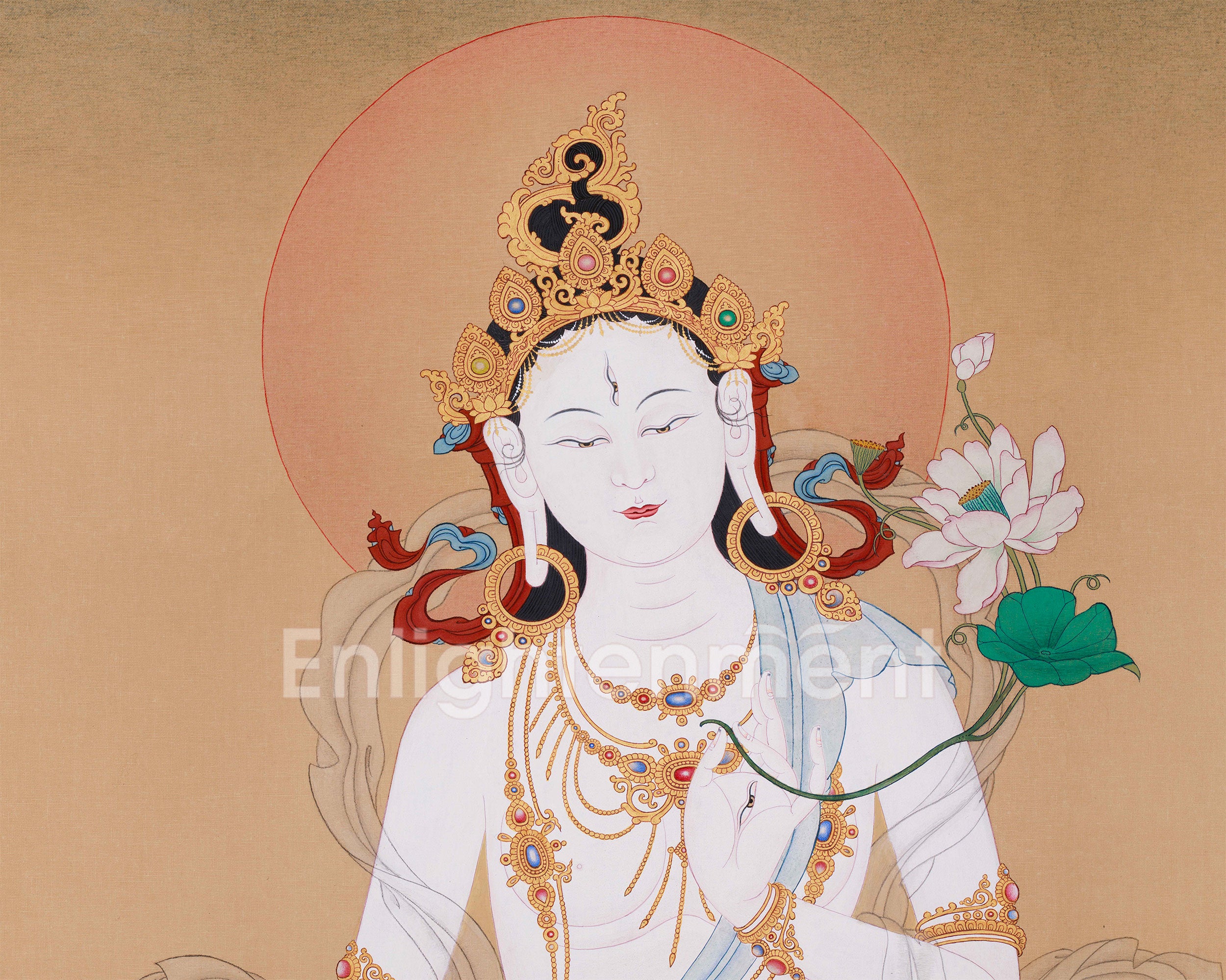 Original Tibetan Buddhist Goddess White Tara Painting | Graceful Deity with Lotus Blossom
