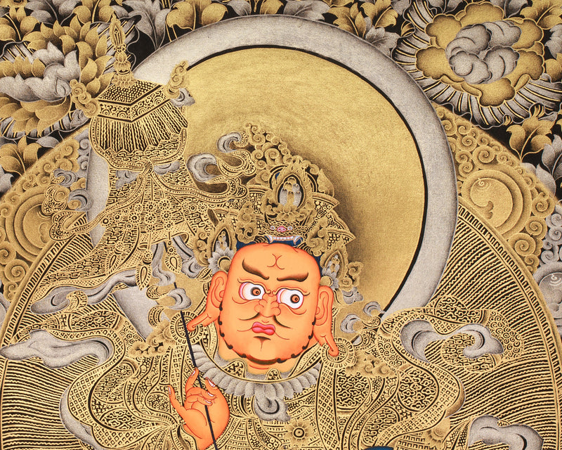 Exquisite Vaishravana, Guardian of the North Thangka | 24K Gold Embellished Art on Black Canvas