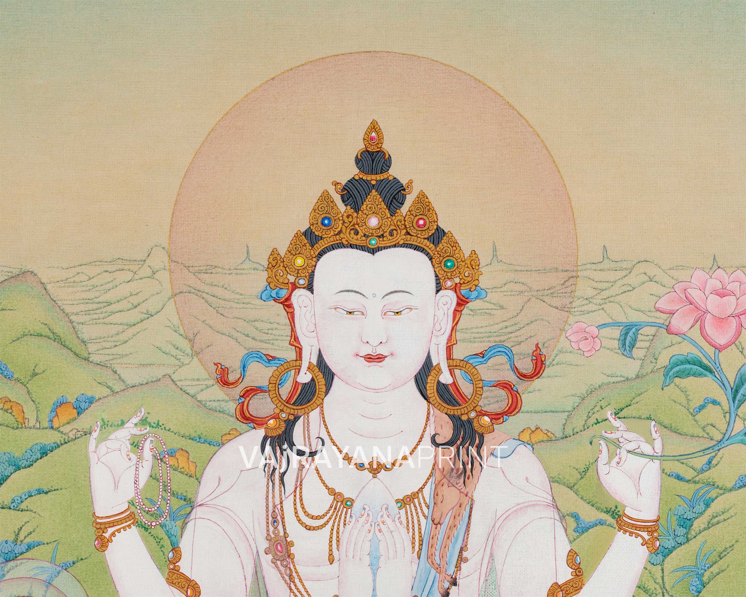 Four-Armed Chenresig Thangka Print for Divine Wisdom | Bodhisattva Of Compassion