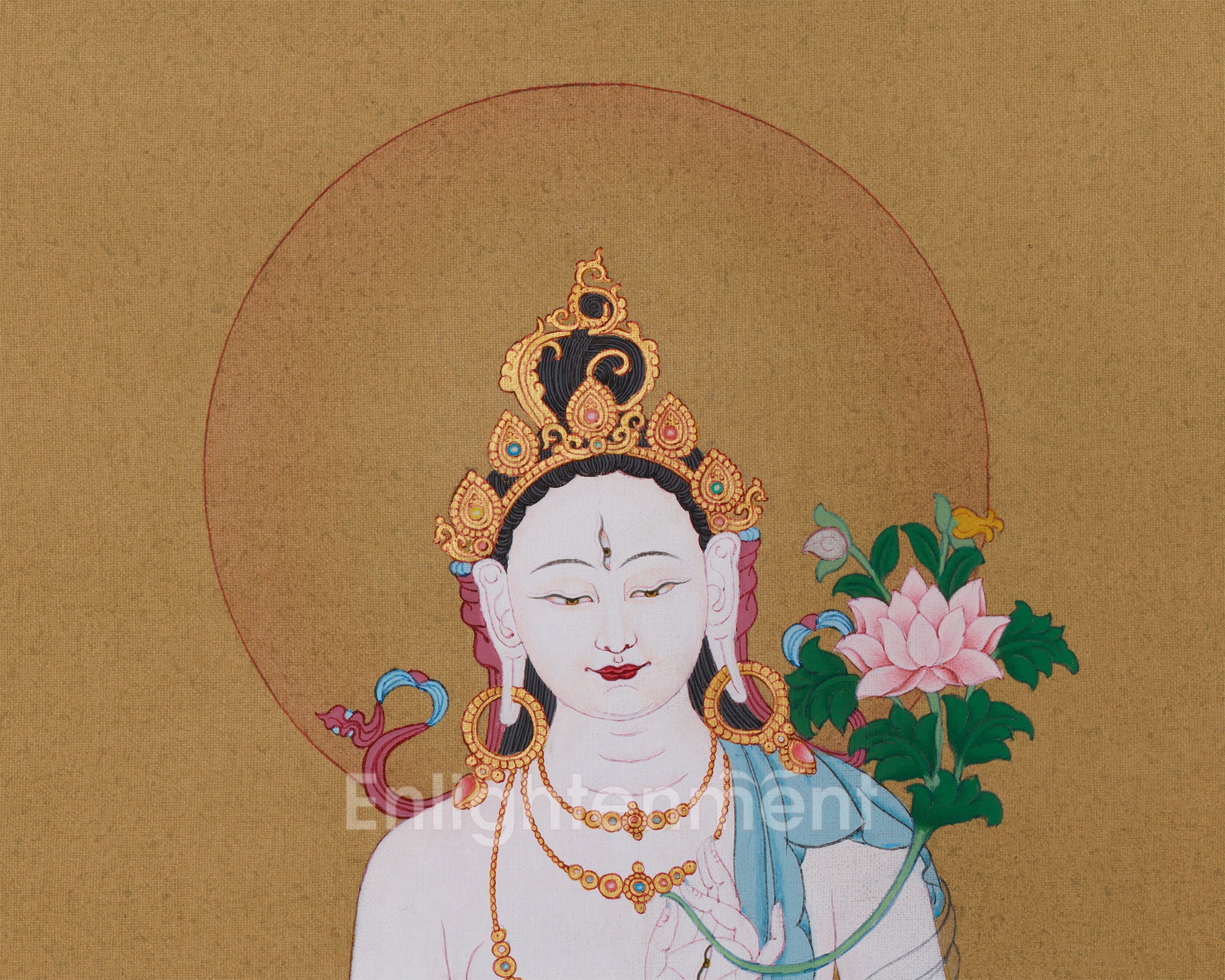 Female Bodhisattva White Tara Thangka | Karma Gadri Artwork | 24K Gold Accents