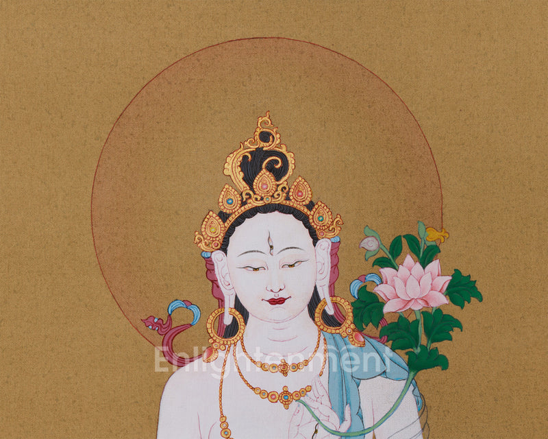 Female Bodhisattva White Tara Thangka | Hand-Painted in Karma Gadri Style with 24K Gold Accents