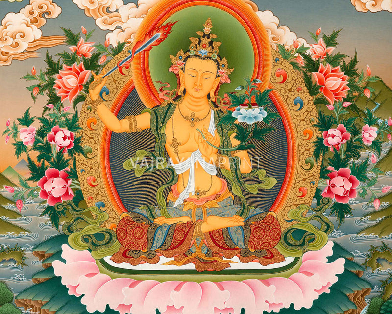 Manjusri Bodhisattva Paubha Print For Spiritual Room Decoration | Manjushri The Bodhisattva Of Wisdom