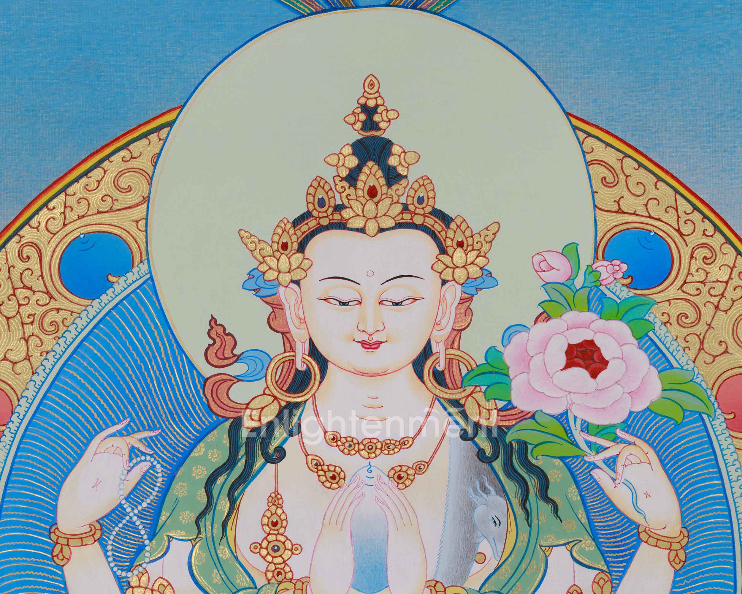 Himalyan Thangka Of Four-Armed Chenrezig | Avalokiteshvara, Amitabha Buddha, Manjushri, Vajrapani