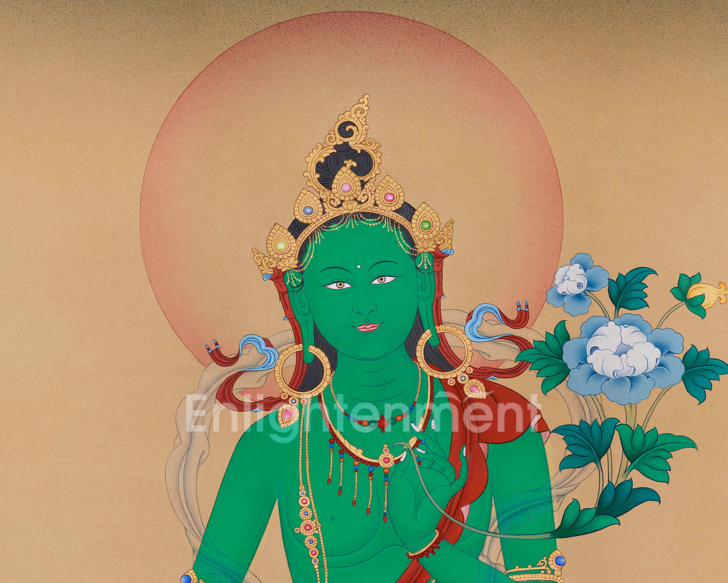 Exquisite Bodhisattva Green Tara Artwork | 30x40 Inch Hand-Painted Thangka of Swift Compassion