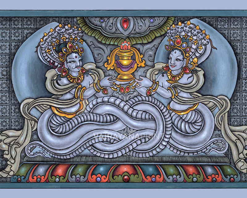 Naga Raj & Naga Rani Traditional Nepali Paubha Print | Supreme Serpnet Deities Wall Hanging