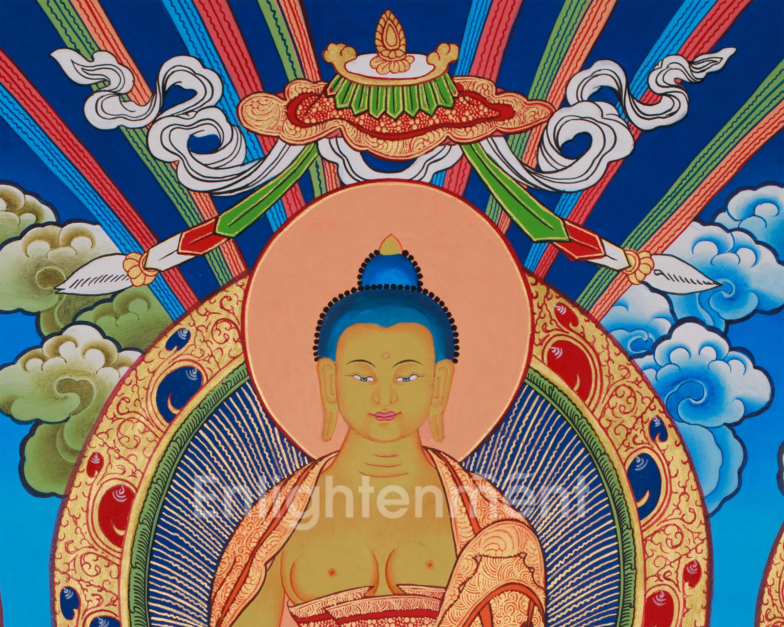 Traditional Buddha Shakyamuni Art | Enlightened One with Guru Rinpoche and Chenrezig