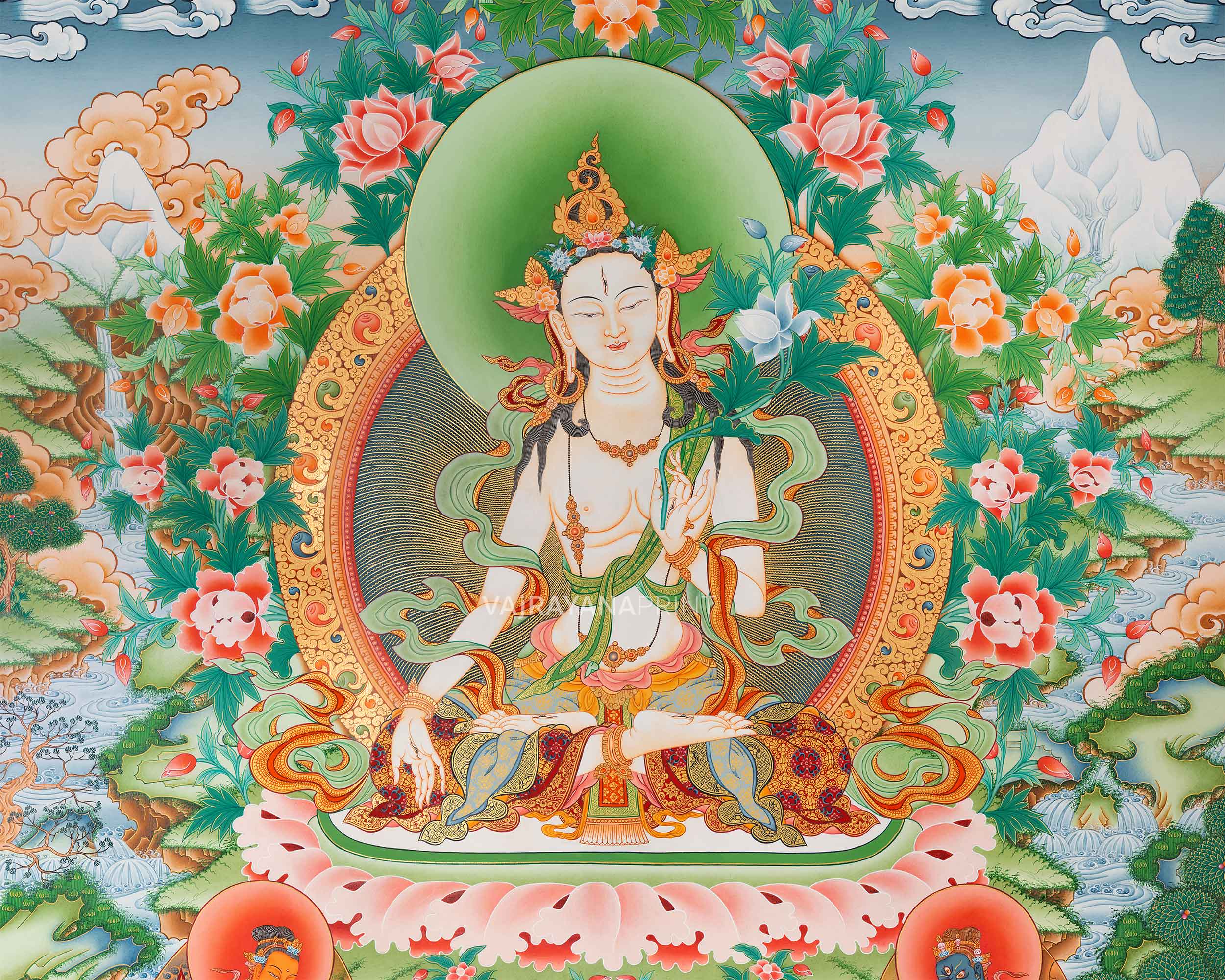 Tibetan White Tara Paubha Giclee Art Print | High-Quality Canvas Wall Decor, Scroll Painting Print
