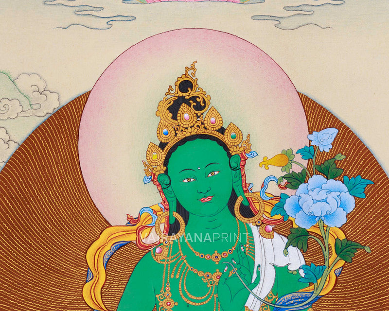 Radiant Green Tara Thangka Print, with Ushnisha (Namgyalma) and Pannasavari