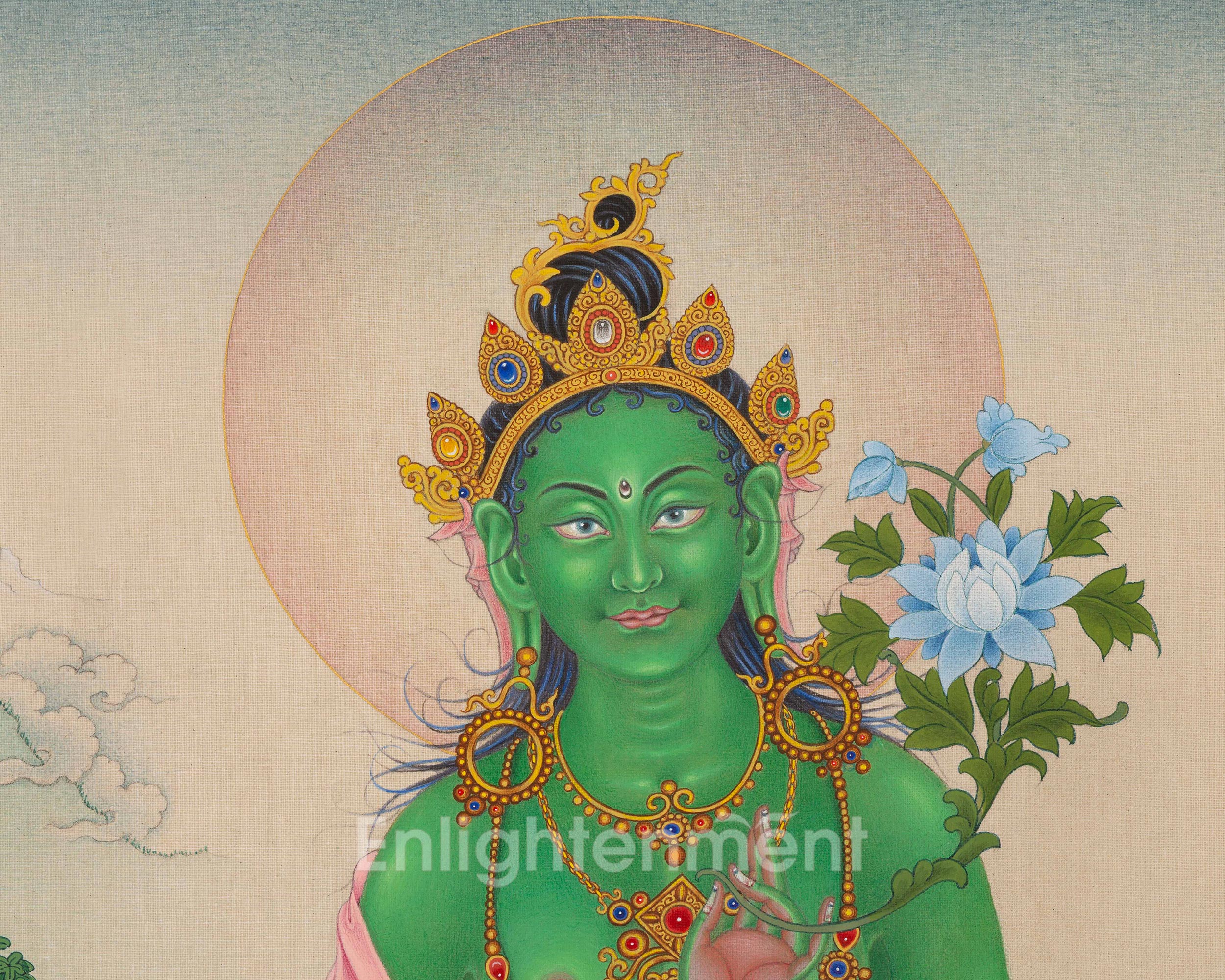 Mother Green Tara, A Thangka Painting in Natural Stone Colors