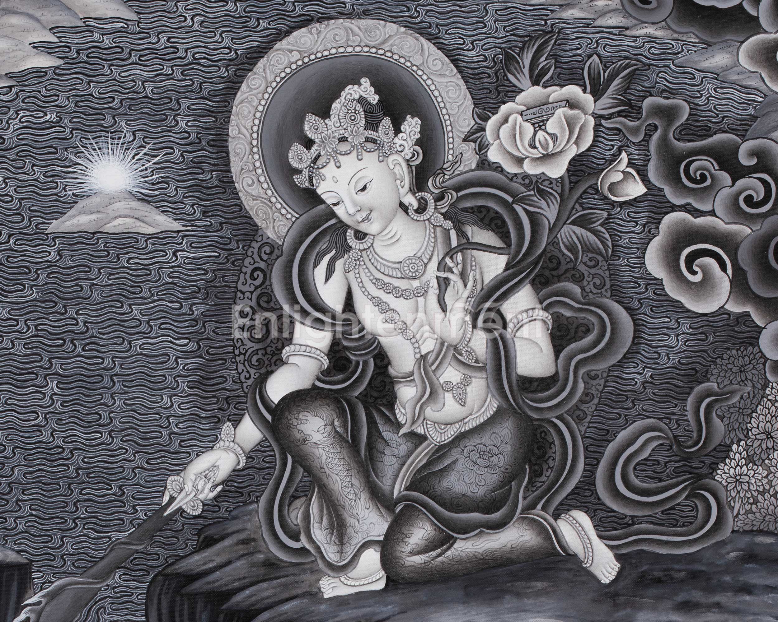 Boddhisattva Manjushree Thangka Creating Kathmandu Valley With The Self Born Light Swayambhu | Newari Style Black And White Wall Deco Art