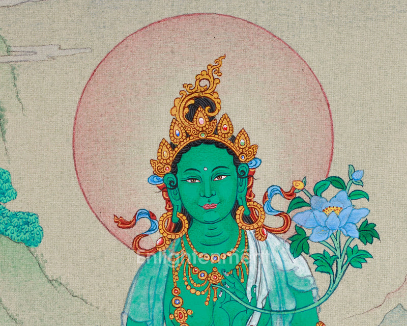 Divine Feminine Thangka - Hand-Painted Green Tara Tibetan Painting