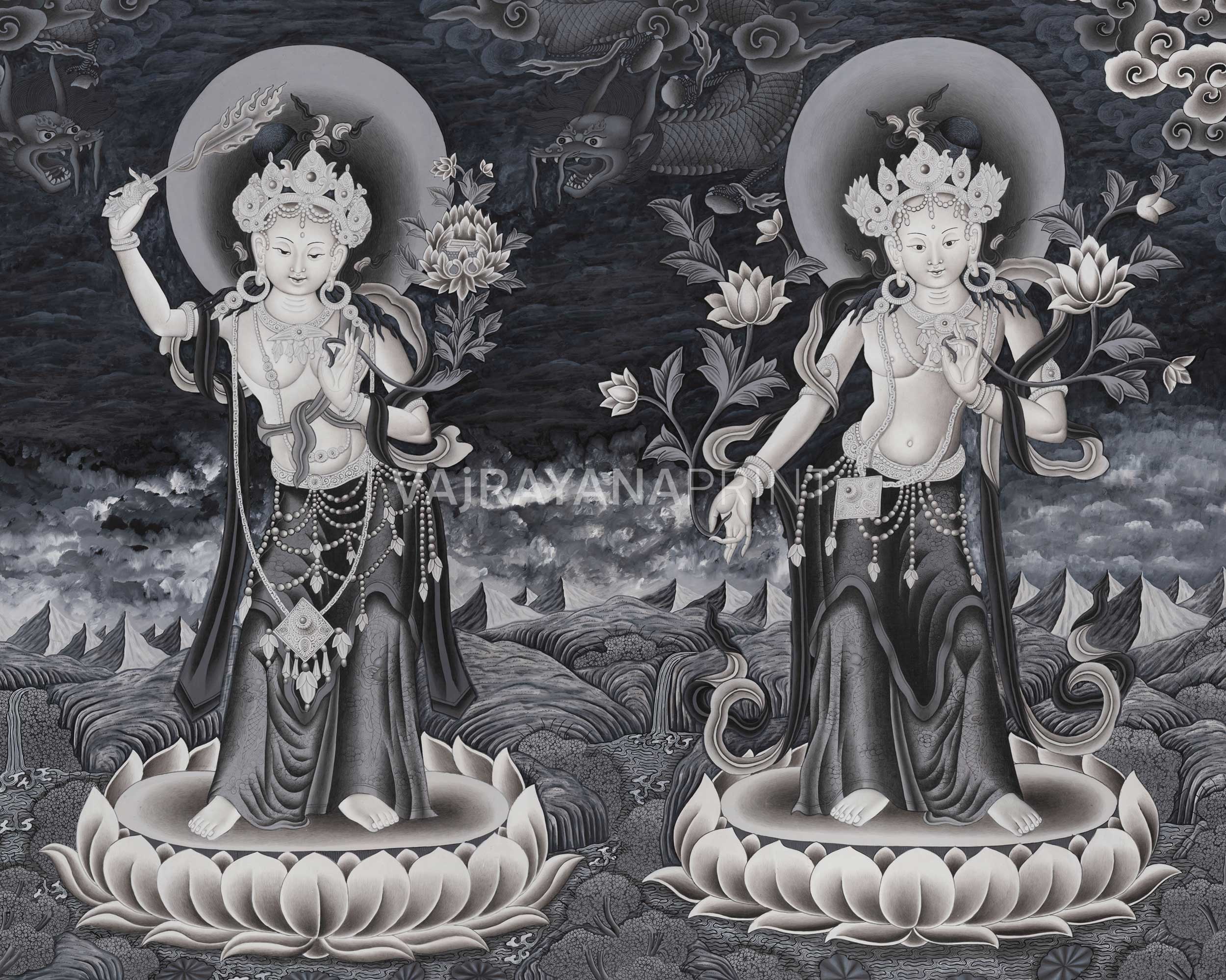 White Tara, Manjushri and Green Tara Standing Thangka Print | Newari Style Print