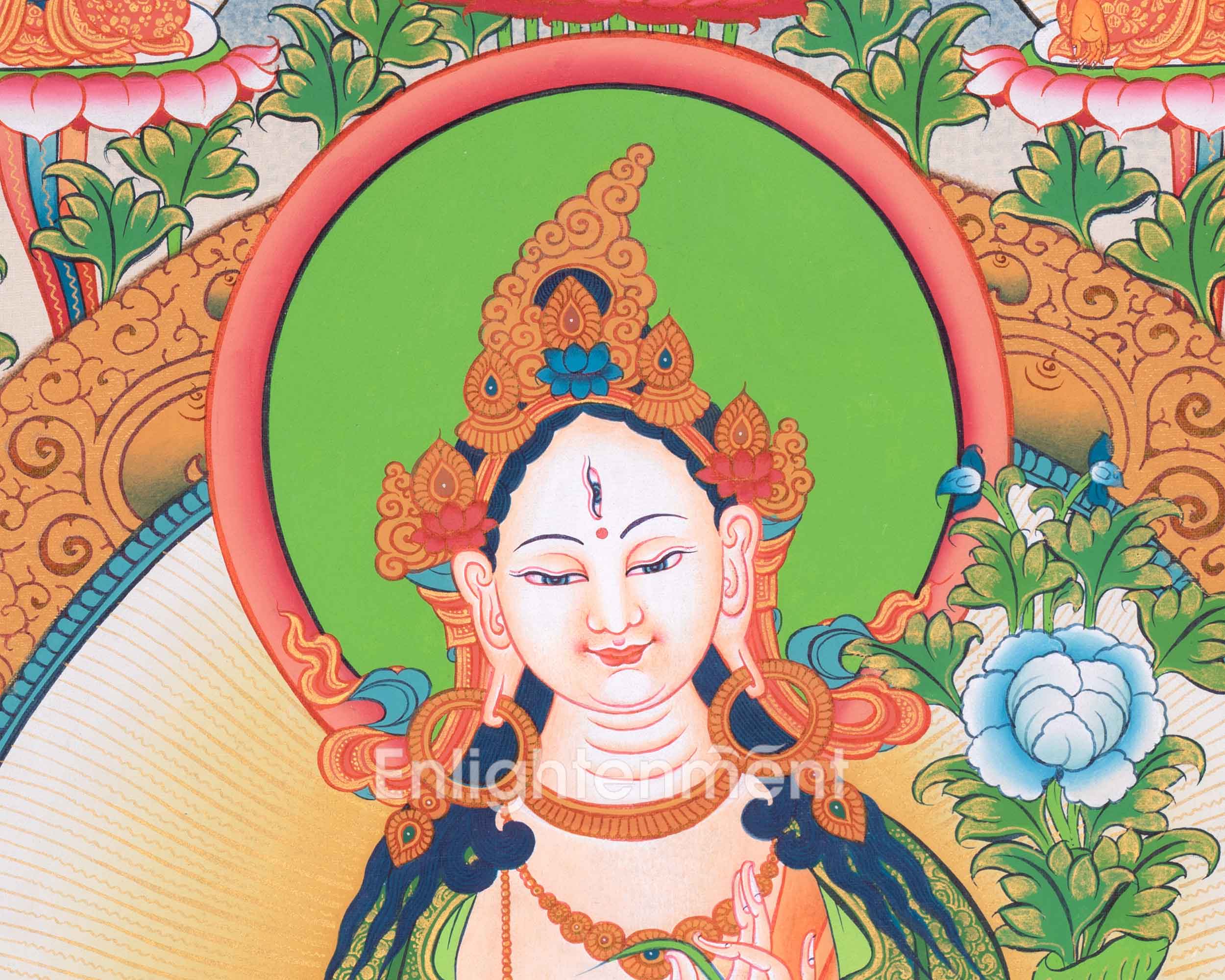Female Buddhist Goddess, White Tara Thangka | 5 Dhyani Buddhas
