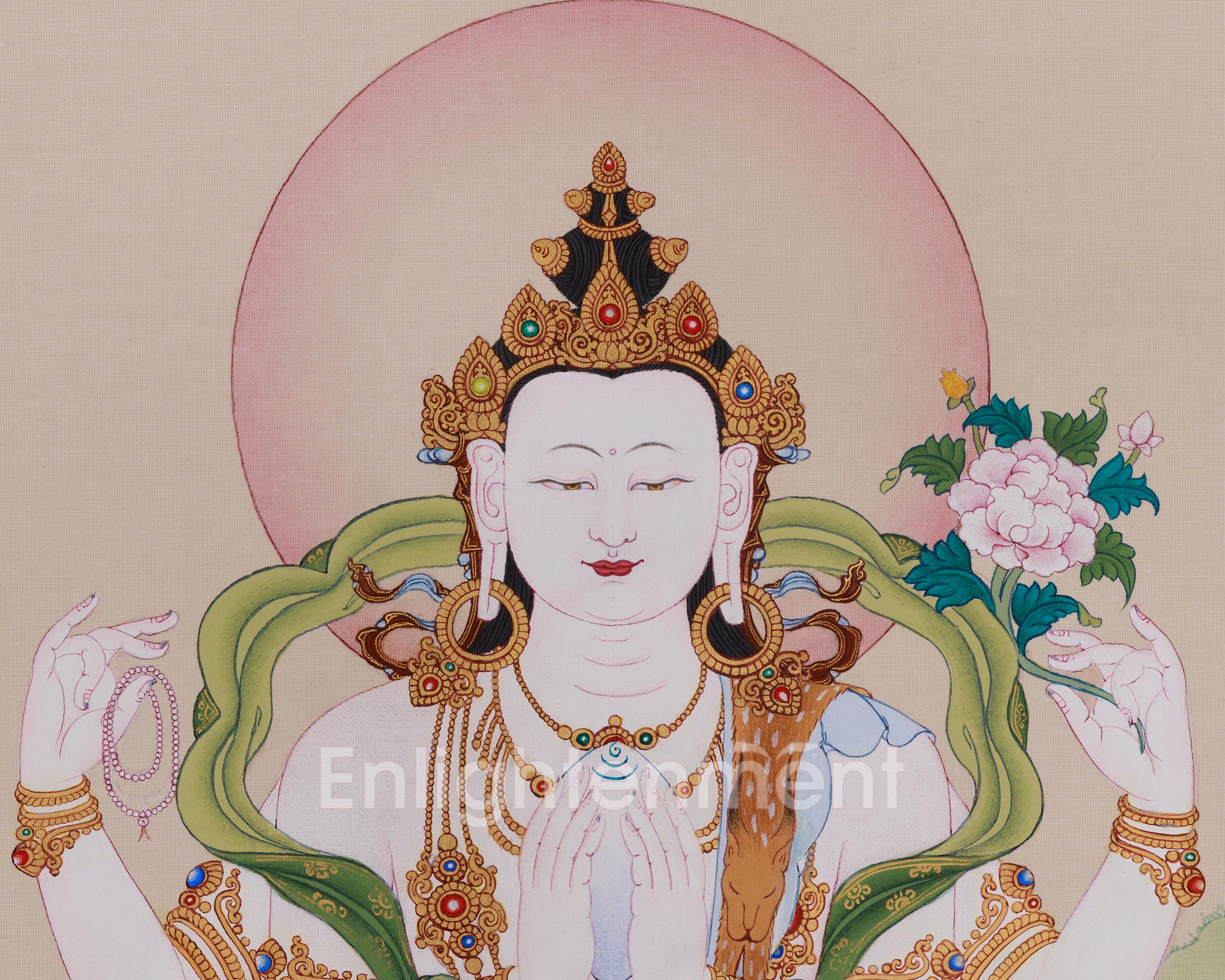 Sacred Thangka Of Four-Armed Chenrezig | Avalokiteshvara Art | Meditation Altar