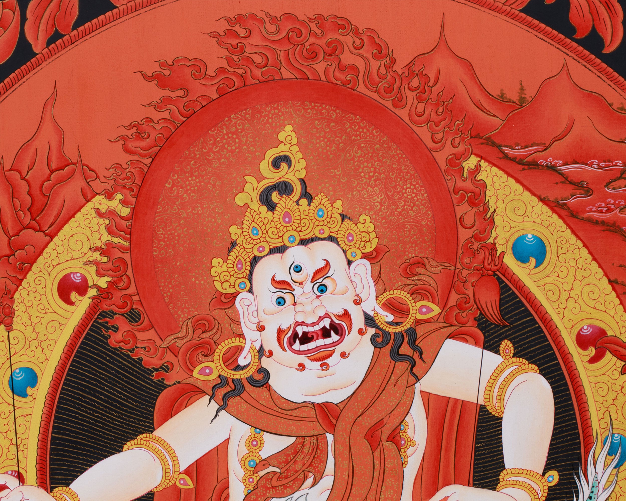 Large White Dzambhala Thangka on Black Canvas | Abundance and Spiritual Protection