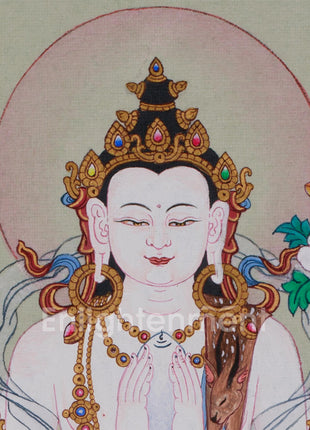 Hand-Painted Mini Chenrezig Thangka | Tibetan Buddha Art of Compassion and Protection