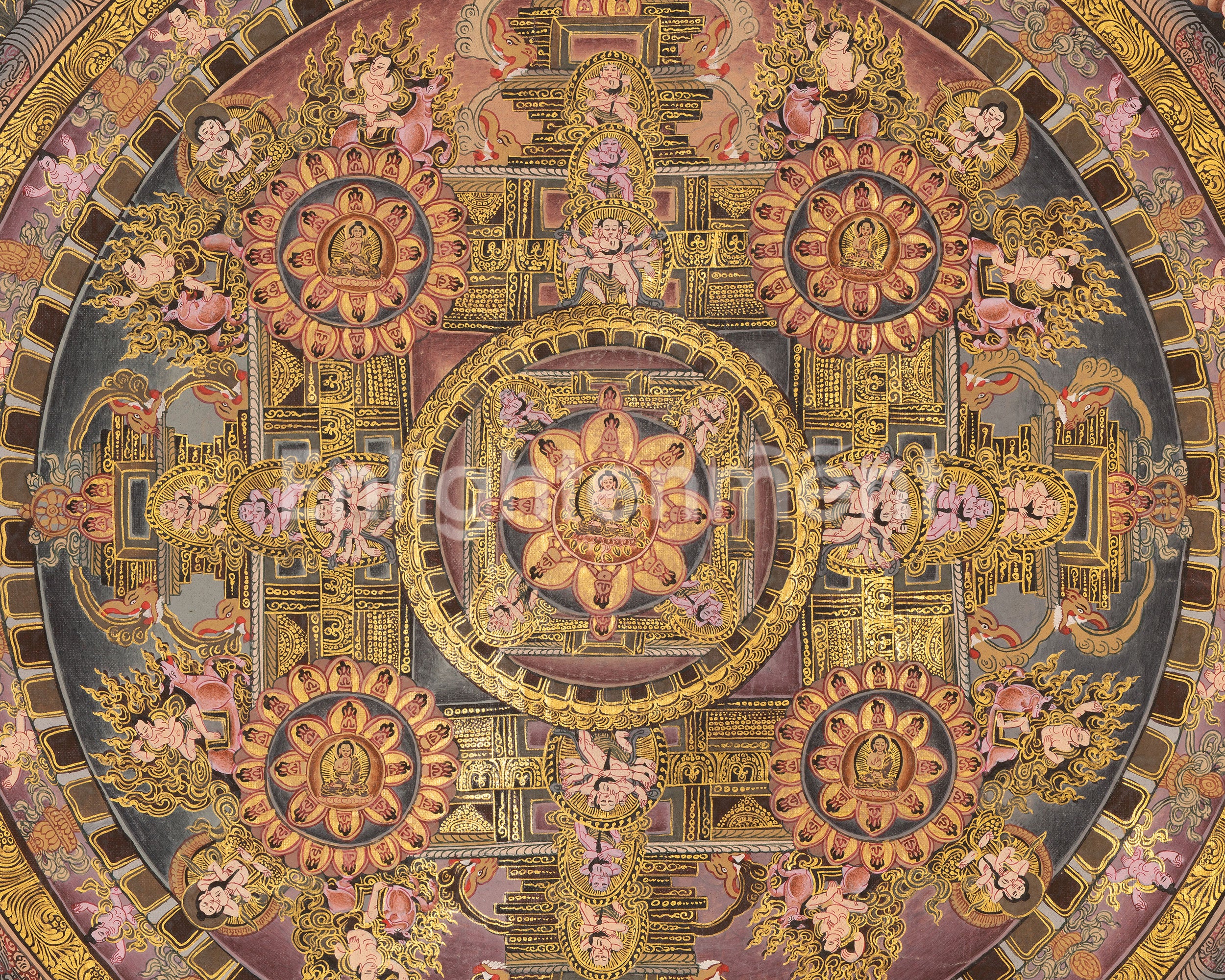 Traditional Buddha Mandala | 24K Gold Tibetan Thangka of Peace and Awakening