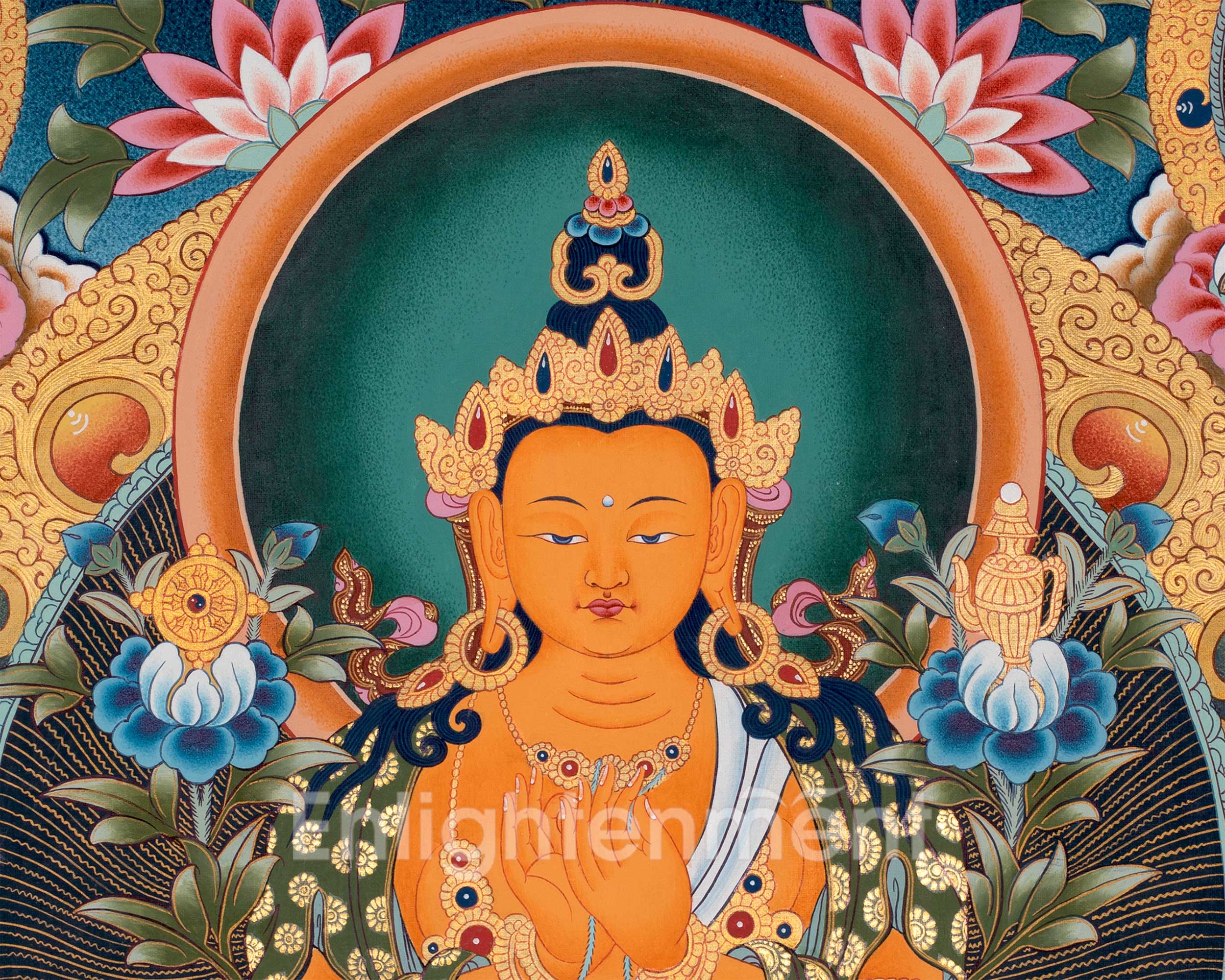 Maitreya Buddha Thangka Featuring Tsongkhapa, Guru Rinpoche, Green Tara & White Tara