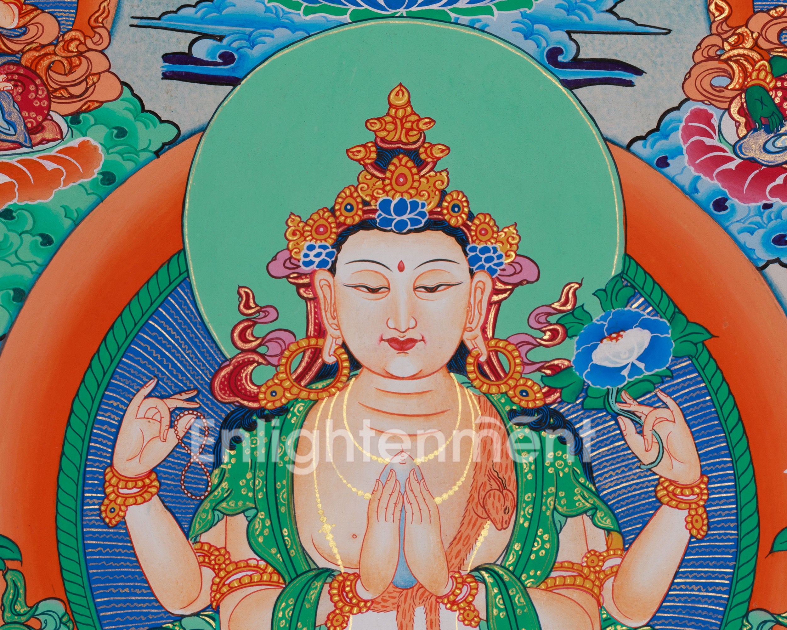 Avalokiteshvara Thangka with Buddhas and Bodhisattvas | Hand-Painted Himalayan Art