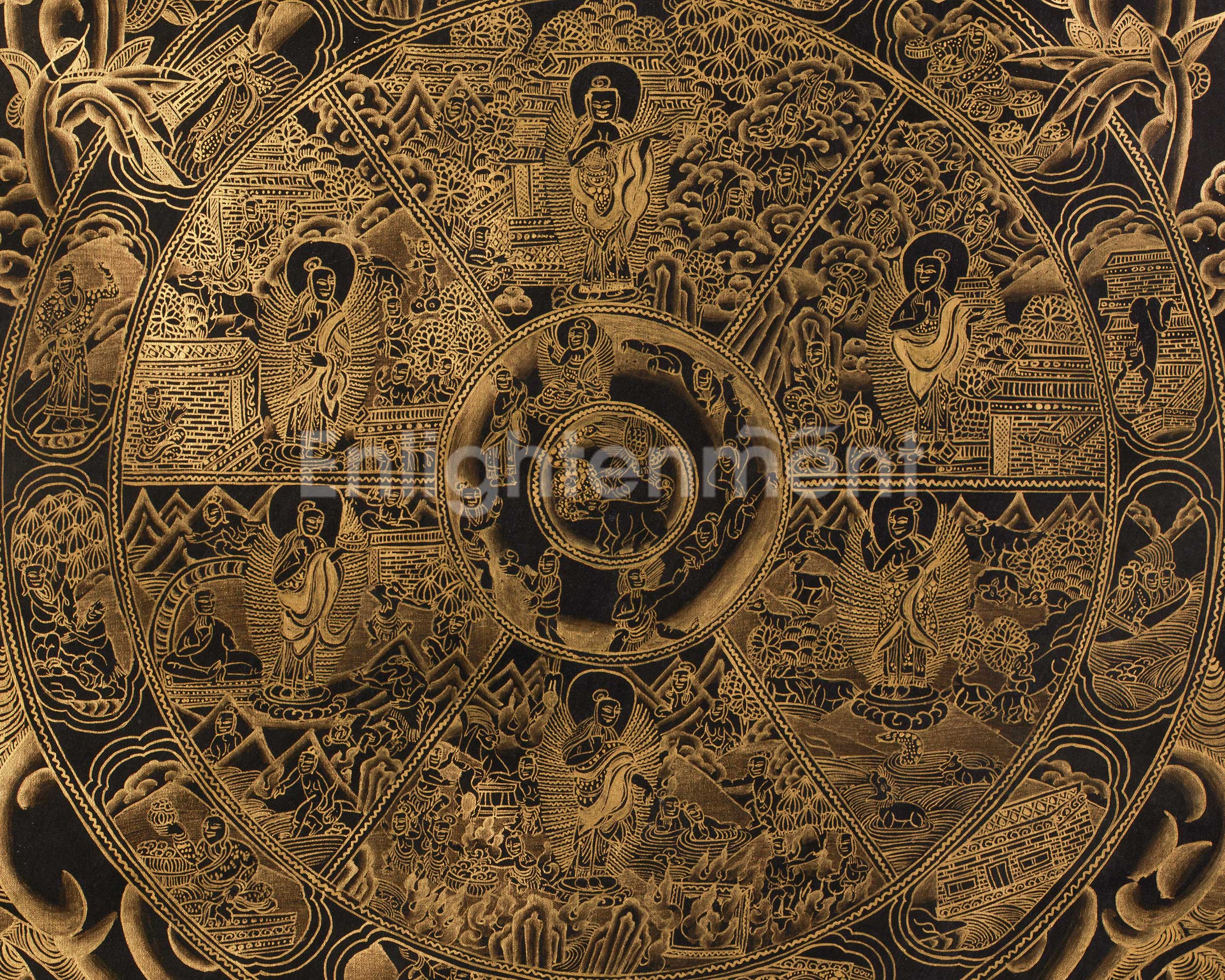 The Wheel of Life (Bhavacakra) Thangka | Fully Gold Embellished on Black Canvas, Brocade Mounted | Tibetan Masterpiece of Samsara
