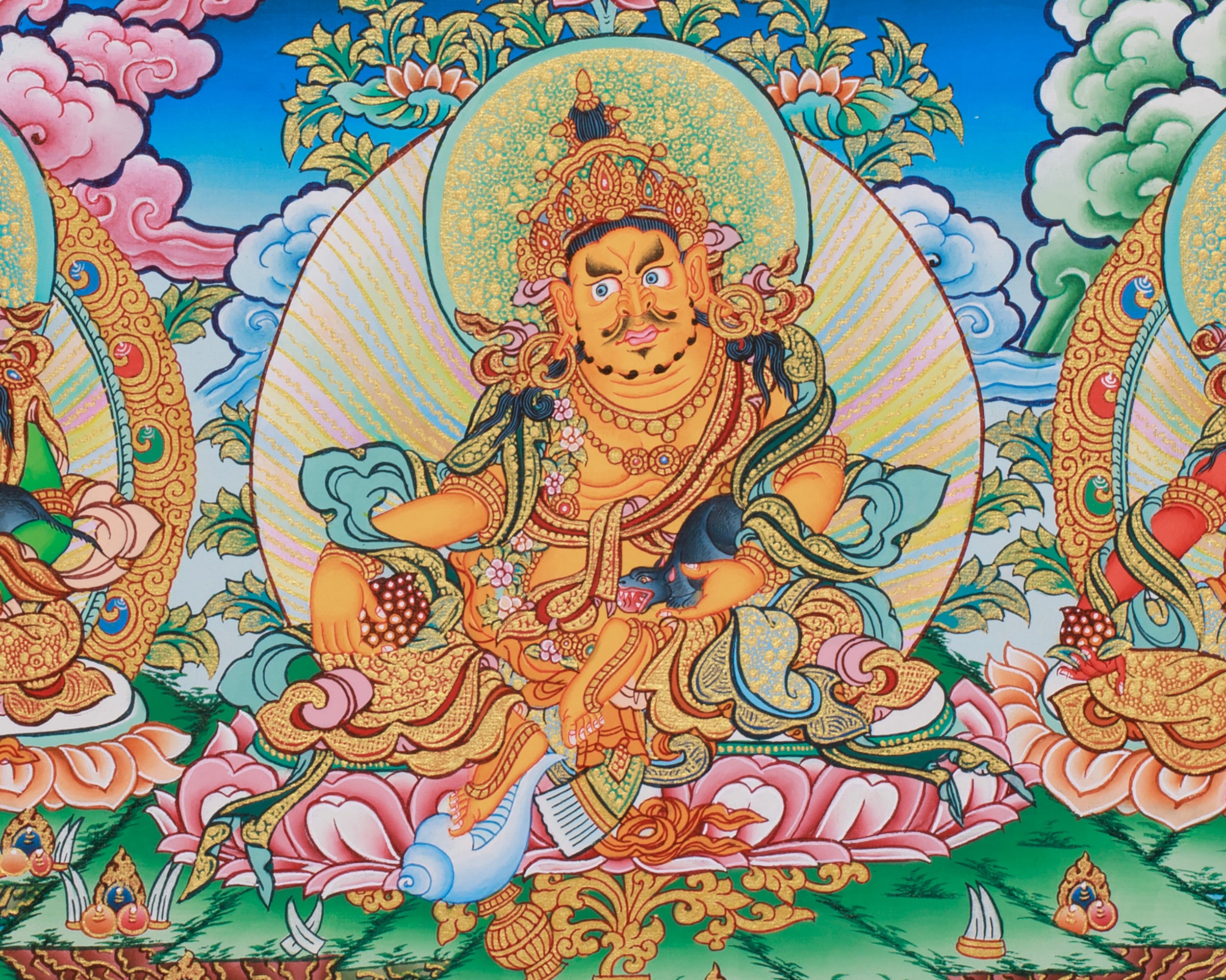 Tibetan Five Jambhalas Thangka | Buddhist Guardians of Wealth & Abundance