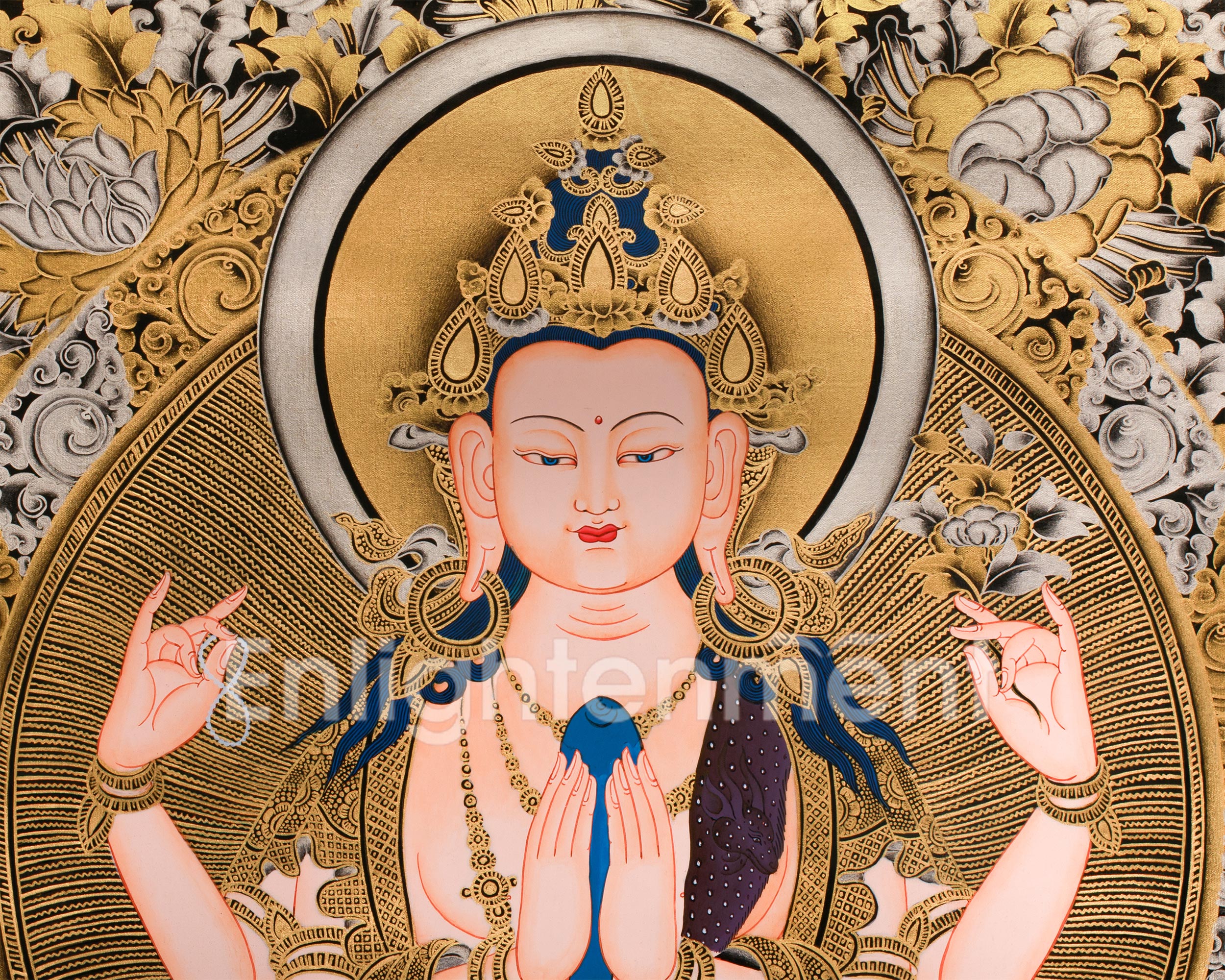 The Tranquil Presence of 4 arms Avalokiteshvara | Gold Embellished Thangka of Compassion