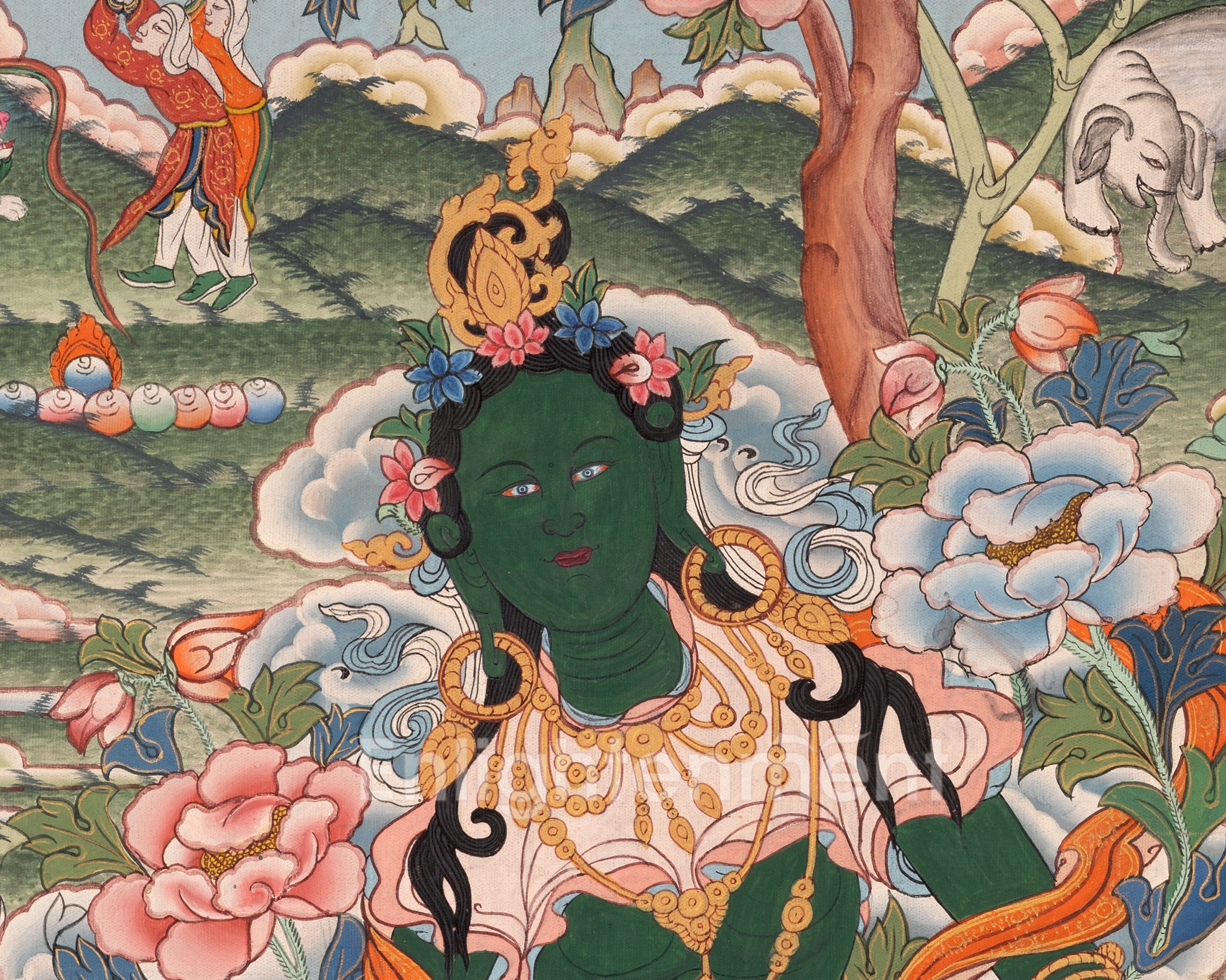 Healing Green Tara Thangka | Healing Female Deity Painting | Wall Decors