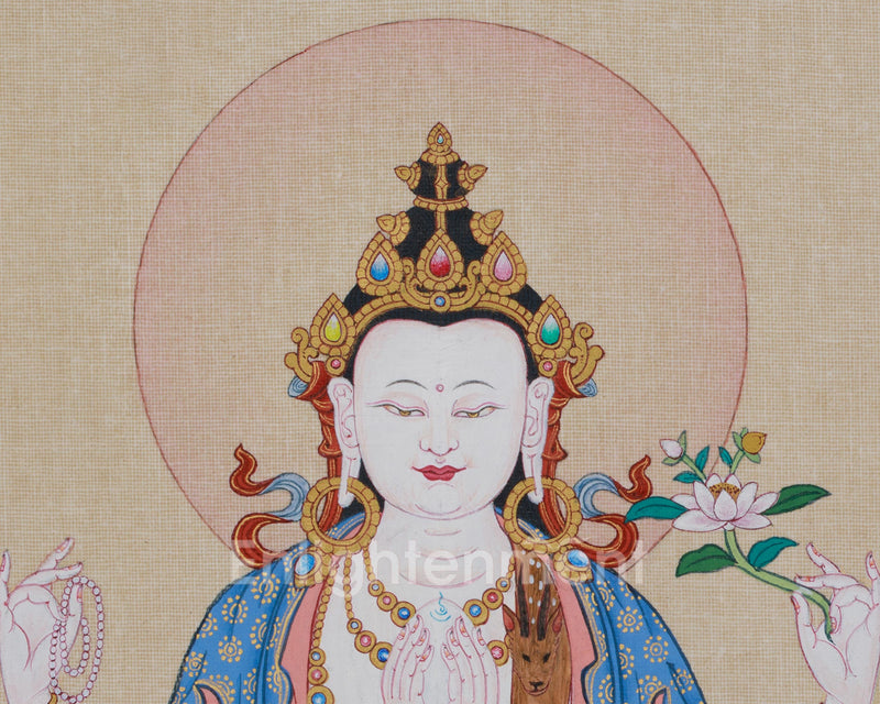 Lord of Compassion Chenrezig Thangka | Original Tibetan Artwork of Bodhisattva Avalokiteshvara