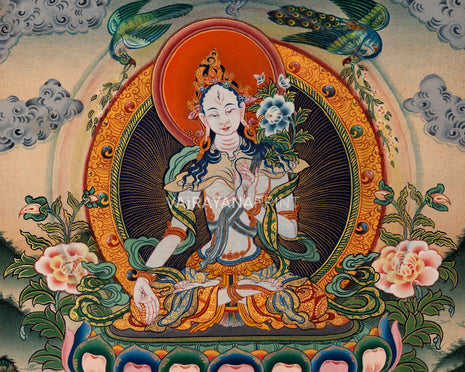 Goddess of Compassion White Tara Thangka Print | Traditional Buddhist Artwork | Gift Ideas