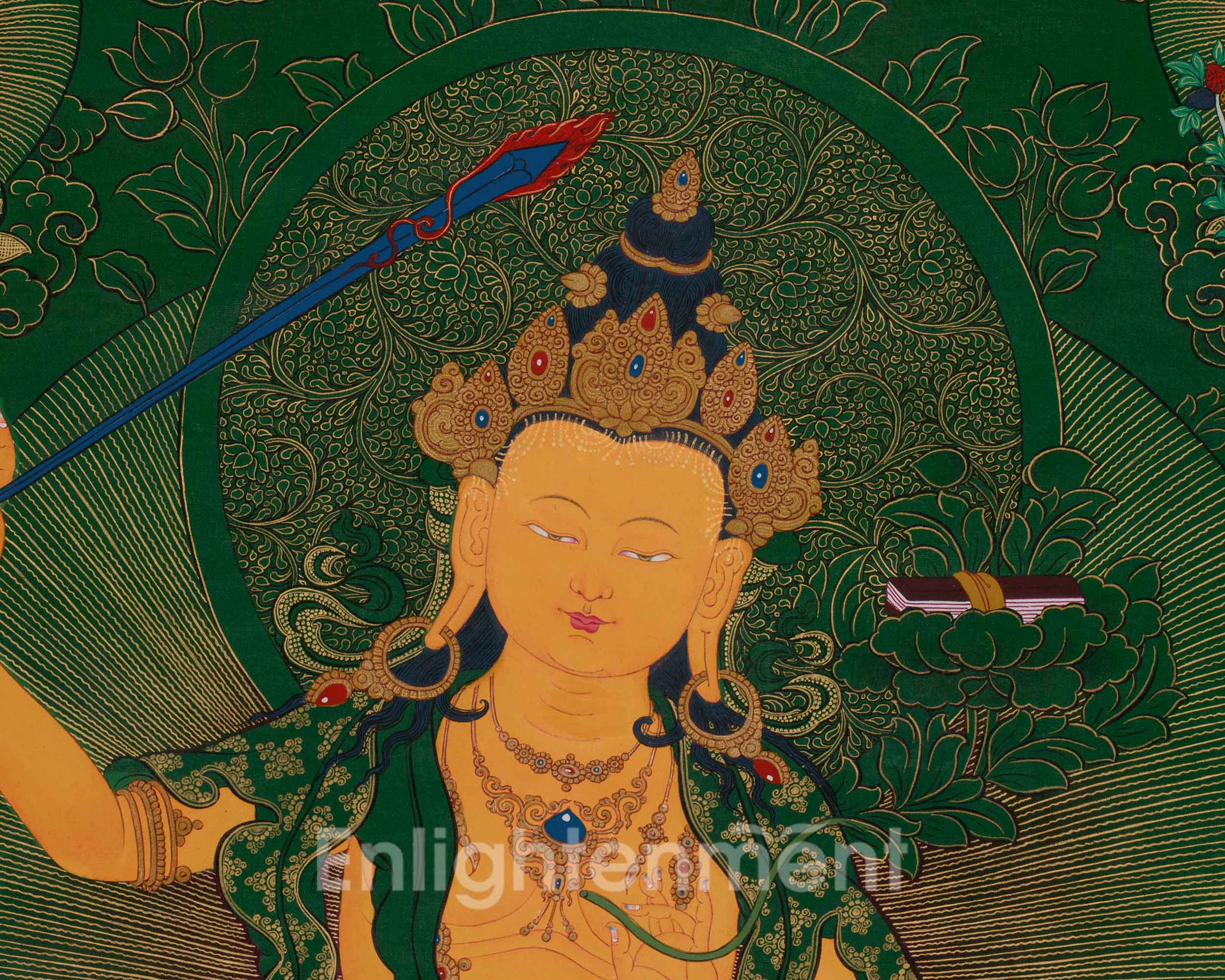 Tibetan Manjushri on Green Canvas | Wisdom Deity with Shakyamuni, Medicine Buddha, and Namtoshe